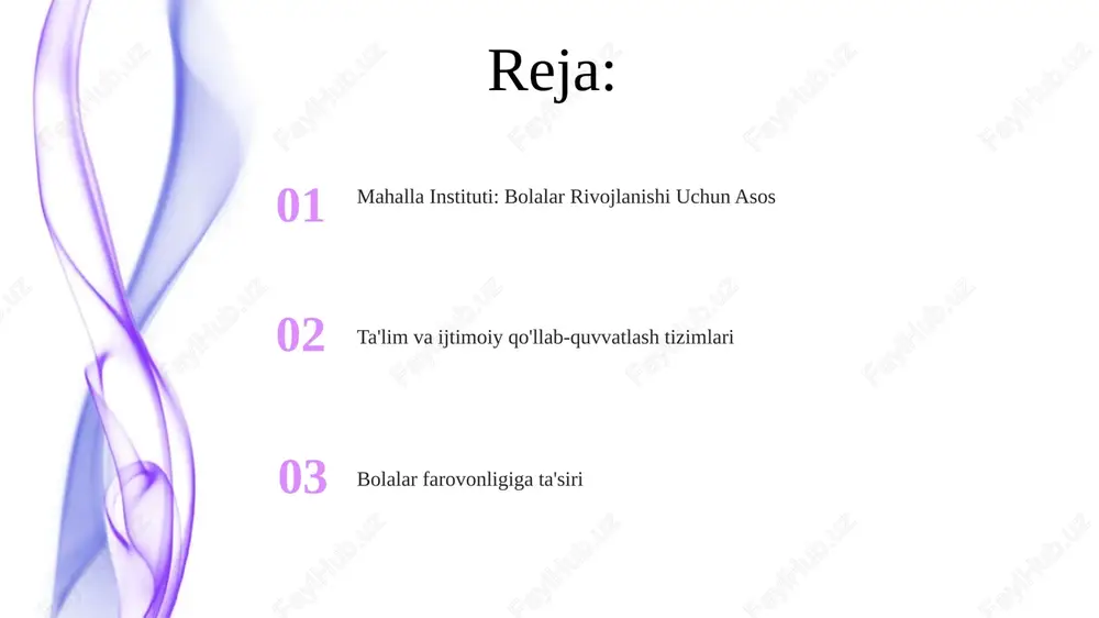 n jamoa asosidagi tashkilotlardir. davlat idoralari bilan hamkorlik oilaga jamoatchilik asosidagi resurslar va qo'llab-quvvatlashni taqdim etish. erta bolalikdagi ta'lim va rivojlanish tashabbuslarini qo'llab-quvvatlash. bolalarni rivojlantirish dasturlarini amalga oshirish uchun davlat idoralari bilan hamkorlik qilish. mahalla institutlari maqsadlari bolalarni sog'lom o'sishi va rivojlanishini qo'llab-quvvatlang. ijtimoiy hamjihatlikni va jamoa rivojini targ'ib qilish. ta'lim va kasb-hunar ta'limi imkoniyatlarini taqdim eting. bolalar rivojlanishining ahamiyati. mahalla institutlari bolalarni ijtimoiy, hissiy va kognitiv rivojlanishini ta'minlashda muhim rol o'ynaydi. bolalar rivojlanishi sog'lom va muvaffaqiyatli hayot uchun asos yaratadi. bu muassasalar jamoatchilikni jalb qilishni rag'batlantiradi va erta ta'lim va rivojlanish imkoniyatlarini taqdim etadi. savol-javob sessiyasi mahalla instituti jamoa markazi vazifasini o'taydi, oilalar va bolalarni boyitish uchun resurslar va imkoniyatlar bilan bog'laydi. mahalla instituti erta bolalikdagi ta'lim va parvarishni ta'minlash, ijtimoiy aloqalarni rivojlantirish va madaniy qadriyatlarni targ'ib qilishda muhim rol o'ynaydi. bolalar rivojlanishi uchun xavfsiz va rag'batlantiruvchi muhit yaratadi, ularning kognitiv, ijtimoiy va hissiy o'sishiga ko'maklashadi. mahalla institutlarining ta'sirini …