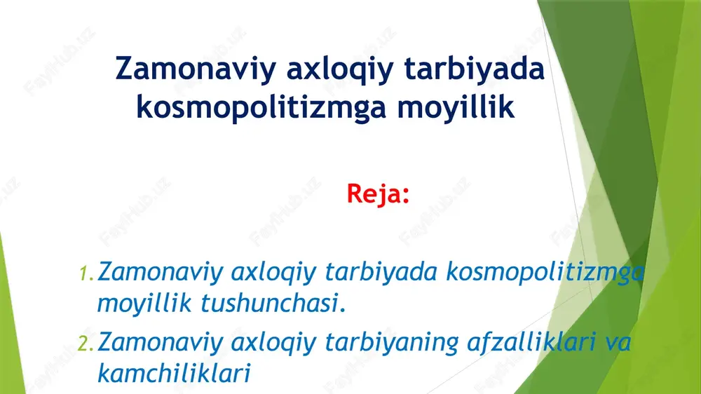 qda. bir so‘z bilan aytganda «ommaviy madaniyat» dunyoda bir xillikni shakl- lantirmoqda. inson hayotida bir xillik zerikarli va mazmunsiz yashashga olib keladi. zamonaviy axloqiy tarbiyada kosmopolitizmga moyillik oʻzgaruvchilari mavjud. kosmopolitizm, yuqori ahamiyat beradigan qadriyat boʻlib, ommaviy qobiliyat va huquqlarga ega fuqarolar kabi insonlarning barchasiniga hamido boʻlib keladi. kosmopolitizm konsepti, insonlar orasidagi nazariya va amaliy munosabatlarni topshirishni maqsad qiladi. kosmopolitizmga moyillik deganda odamlarning qarashlari, ommaviy tashkilotlarga nisbatan adolatsizlik, tashkilotlar orasidagi qarashlar va afzal koʻrish orqali tarqaladi. bu tarbiyaviy qarash, milliy va etnik hissiyotlarni oʻz ichiga olmaydi va ommaviy qadriyatni qoʻllab-quvvatlaydi. kosmopolitizm, insonlar orasidagi barqarorlik, hurmat va tushunchalar oʻrtasidagi yoshda bogʻlangan insoniy munosabatlarni taklif etadi. globallashuvning eng dolzarb bo‘lgan madaniyatlararo munosabatlardagi bu tendensiyalari bizning davrimizda ziddiyat ko‘rinishini kasb etmoqda. ana shunday «madaniy qarash»lardan biri kosmopolitizm (yun. kosmorolites — dunyo, olam, dunyo fuqarosi) bo‘lib, bu oqim tarafdorlari yagona dunyo, universa- lizm g‘oyasini ilgari suradilar. «yagona dunyo erkin fuqarosi»ning bu g‘oyasi go‘yoki har qanday …