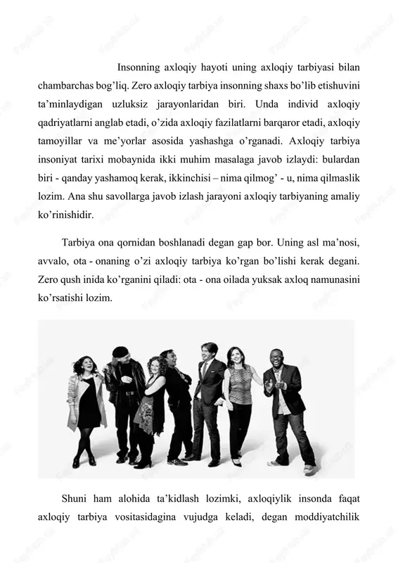 nchiqlik, g’irromlik qilmaslikka, halol bo’lishga o’yinlar yordamida da’vat etiladi. bolalar axloqiy tarbiyasida televidenie, radio, qo’g’irchoq teatri, kino san’ati katta rol o’ynaydi. umuman, axloqiy tarbiyaning eng kuchli vositasi san’at. bu vosita aholining barcha tabaqasini, turli yoshdagi shaxslarni qamrab oladi. ayniqsa, san’atning badiiy adabiyot turi keng qamrovli. ertakdan tortib, romangacha bo’lgan janrlarda chop etilgan asarlar shaxsning axloqiy shakllanishida ulkan xizmat ko’rsatadilar. ular orqali kitobhon tarbiyalanuvchi sifatida ezgulik va yovuzlik nimaligini badiiy idrok etadi; ideal tanlashda ham ularning ahamiyati katta. bundan tashqari, badiiy adabiyotning bevosita axloqiy tarbiyaga mo’ljallangan hikoyatlar, rivoyatlar va nasihatlar majmualari borki, biz ularni, yuqorida ko’rganimizdek, pandnomalar deb ataymiz: «kalila va dimna», «qobusnoma», «guliston», «zarbulmasal» singari bunday mumtoz asarlar an’anaviy axloqiy tarbiya vositasi sifatida necha asrlardan buyon qanchadan - qancha avlodlarga xizmat qilib keldi, bundan buyon ham shunday bo’lib qolajak. axloqiy tarbiyaning barcha zamonlar uchun dolzarb bo’lgan yo’li bu – namunaviylik tamoyili. oilada, avvalo, yuqorida aytilganidek, ota - ona bolaga axloqiy …