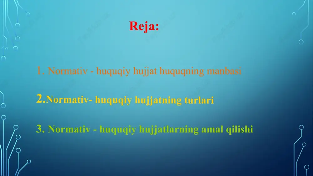 zarur holatlarda bekor qilish mumkin. 5 0 ‘z navbatida, davlat organlari yoki mansabdor shaxslar tomonidan chiqarilgan barcha huquqiy hujjatlar ham normativ-huquqiy hujjat bo‘la olmaydi. faqatgina umurniy huquq va majburiyatlarni o‘rnatuvchi, o‘zgartiruvchi yoki bekor qiluvchi hujjatlargina normativ-huquqiy hujjat sifatida e’tirof etiladi. normativ-huquqiy hujjatlarning quyidagi turlari mavjud: 0 ‘zbekiston respublikasining konstitutsiyasi; 0 ‘zbekiston respublikasining qonunlari; 0 ‘zbekiston respublikasi oliy majlisi palatalarining qarorlari; 0 ‘zbekiston respublikasi prezidentining farmonlari va qarorlari; 0 ‘zbekiston respublikasi vazirlar mahkamasining qarorlari; vazirliklar, davlat qo‘mitalari va idoralarning buyruqlari hamda qarorlari; mahalliy davlat hokimiyati organlarining qarorlari. 7 normativ-huquqiy hujjatlar muayyan bir tizim bo‘lib, ushbu tizim ularning yuridik kuchiga asoslangan holda tashkil topadi. shuningdek, normativ-huquqiy hujjatlarning farqi quyidagi uchta jihat bilan bog'liq: -normativ-huquqiy hujjatlar tomonidan hal etiladigan masalalarning mazmuni va xilma xilligi; -yuridik tabiati yoki yuridik kuchiga ko‘ra bir-biridan farq qilishi; -normativ-huquqiy hujjatlarni qabul qilish jarayoni va tartibining turlichaligi. 8 normativ-huquqiy hujjatlarni ikki turga, ya’ni qonun va qonunosti hujjatlariga bo‘lish mumkin. …
