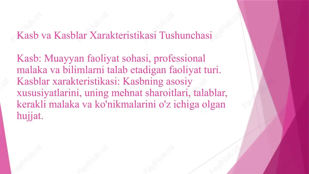 iqish kasbdagi muvaffaqiyatni belgilaydi. kasbni tanlashda e'tibor beriladigan omillar shaxsiy qobiliyatlar: ijodkorlik, texnik ko'nikmalar, jismoniy chidamlilik. ish imkoniyatlari: kasbning bozordagi talab darajasi, ishlash sharoitlari. karyera o'sishi: kasbda o'sish imkoniyatlari va professional rivojlanish. kasbning ma'naviy ahamiyati ishning jamiyatdagi roli: kasbning jamiyatda va iqtisodiy taraqqiyotdagi o'rni. ish joyidagi munosabatlar: ishchi va ish beruvchi, hamkasblar bilan munosabatlar. kasbdagi axloqiy masalalar: kasbni bajarishda axloqiy me'yorlarga rioya qilish. kasblar xarakteristikasi va ularning ijtimoiy tashkilotlar kasblar va jamiyat: kasbning jamiyatdagi yuksak ahamiyati va ijtimoiy roli. ijtimoiy ta'sir: kasb o'zgarishlari jamiyatga qanday ta'sir qiladi. misol: dasturchilarning zamonaviy jamiyatdagi roli. kasbni baholash mezoni kasbni baholash mezonlari: ishning murakkabligi va javobgarlik darajasi. kasbga qo'yilgan maxsus talablarga mos kelishi. ish joyining xavfsizlik va gigiena sharoitlari. kasbni bajarishda yuzaga keladigan muammolar stress va charchoq: kasbning ruhiy yuklamasi. ish joyidagi xavf-xatarlar: jismoniy va ruhiy xavf-xatarlar. muammo hal qilish usullari: stressni boshqarish, xavfsizlikni ta'minlash. professioogramma tuzilishi asosiy qismlar: kasbning vazifalari, ish sharoitlari, malaka …