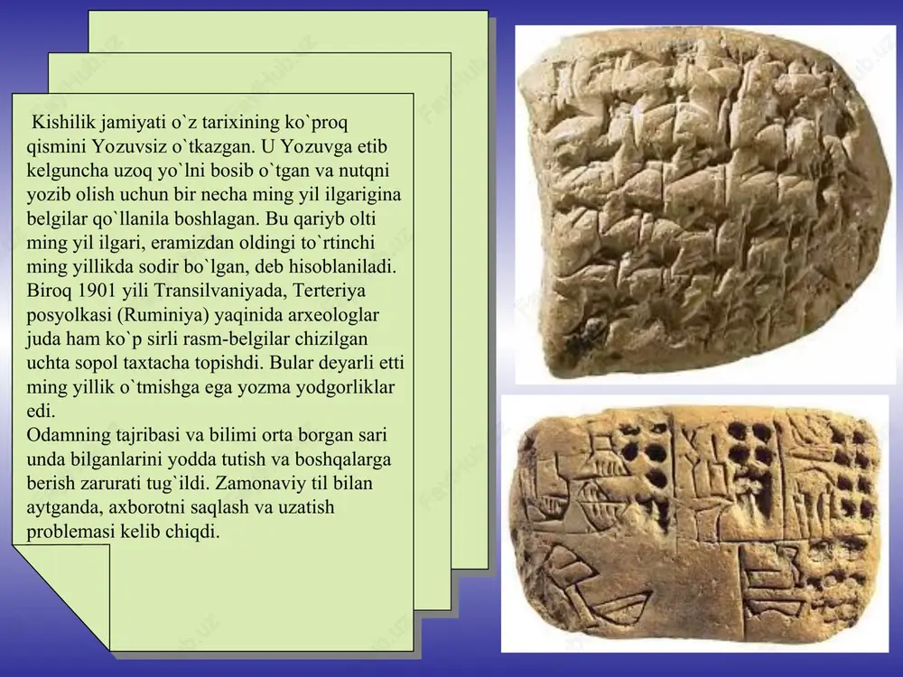 r. qadimgi xalqlarda vaqt hisobi ham ko`pincha tutunlar bilan olib borilgan. eramizdan oldingi v asrda yashagan qadimgi yunon mashhur tarixchisi gerodot hikoya qilgan doro kalendari bunga misol bo`la oladi. gerodotning ta`kidlashicha, eron shohi doro i skifiyaga yurish qilganida dunay daryosiga maxsus qurilgan ko`prikdan o`tgan. ko`prikni saqlash, qo`riqlash uchun doro o`z ittifoqchisi bo`lmish ioniyaliklarni qoldirgan. ularga oltmish tugunli kamar berib, bunday degan: «...bu kamarni olinglar: endi gapimga quloq solinglar: mening skiflarga qarshi chiqqanimni ko`rishingiz bilanoq, shu vaqtdan boshlab har kuni bitta tugunni echaveringlar. agar tugunlar bilan ko`rsatilgandagi kunlar tugasa-yu men shu vaqt ichida qaytmasam, o`z vatanlaringizga jo`nayveringlar. hozircha ko`prikni qo`riqlanglar va uni mumkin qadar but saqlashga harakat qilinglar. bu bilan menga katta yordam ko`rsatgan bo`lasizlar». tugunlardan iborat kalendardan sibir, gvineya, polineziya, sharqiy afrika xalqlari ham foydalangan. xvii asr oxirida muhim siyosiy hujjat hisoblangan vampum ham bizga ma`lum. penna vampumi deb ataluvchi, o`rtasiga ikkita qora shakl (kishi shakli) tushirilgan bu oq kamarni …