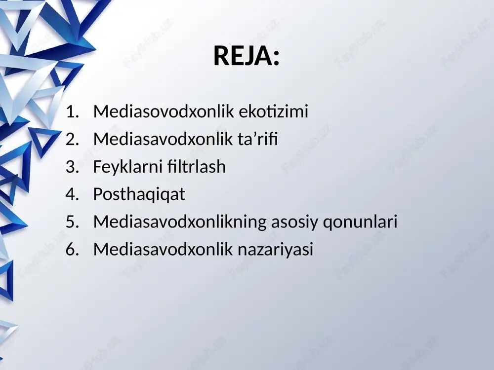 axborot vositalari erkinligi darajasi (e–participation) elektron ishtirok etish, axborot-kommunikatsiya texnologiyalari orqali fuqarolik faolligiga yordam berish va yo’q qo’yiladigan boshqaruvni amalga oshirish ta’lim sifati shaxslararo ishonch yunesko tomonidan ishlab chiqilgan asosiy mis (mediasavodxonlik) qonunlari: ommaviy axborot vositalari, texnologiyalar, internet, kutubxonalar va boshqa har qanday ma’lumotni taqdimot qilish usullari tanqidiy fikrlash va jamiyatni barqaror rivojlantirish uchun mo’ljallangan bo’ladi. hech qanday format boshqalar bilan taqqoslaganda ko’proq yoki kam ahamiyatga ega bo’lmaydi. har bir insonning aytadigan so’zlari bor. odamlar yangi bilimlarga ega bo’lishi va o’zini namoyon qilishi kerak. hamma bilimlar ham haqiqat yoki neytral bo’la olmaydi. axborot iste’molchilari buni tushunishlari kerak. har bir inson yangi ma’lumotlarni o’rganishni va tushunishni xohlaydi (hatto odam o’zi buni sezmasa ham). axborot va media savodxonlik bosqichma-bosqich rivojlanib bormoqda. bu dinamik va murakkab jarayondir. mediasavodxonlik nazariyasi mediasavodxonlik nazariyasini ilk bor 1987 yilda kanadada djon pundjente ilgari surgan. uning asosiy postulatlari – quyidagilardir: 1. barcha mediamateriallar tuzilgan bo’ladi bu eng muhim …