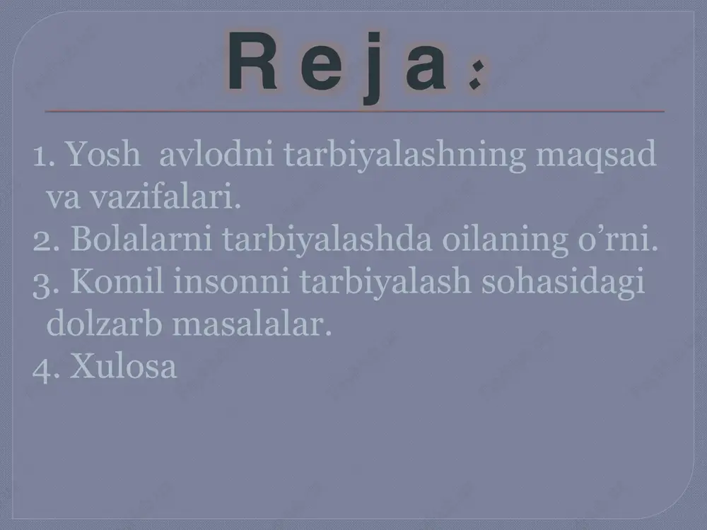 vor yo’nalishi, deb bilamiz". aynan shu maskanda o’zaro hurmat, mehr-oqibat, halollik, poklik, mehnatsevarlik, vatanparvarlik, insonparvarlik kabi oliy darajadagi kadriyatlar shakllanadi, avloddan-avlodga etkziladi. shu sifatlar ona suti, oila a’zolari mehri va namunasi bilan bola xulqi, hatti-harakati mazmuniga singib boradi. bunda esa inson ulg’ayishida asosiy davr bo’lgan o’smirlikdagi tarbiya xal qiluvchi ahamiyat kasb etadi. bu pallada uning ichki dunyosi, o’ziga xos hislatlari shakllanadi. bu davrda ota-ona, ustozlar ular tarbiyasi bilan uzviy ravishda shug’ullanishlari lozim. ularning salomatligiga ham alohida diqqat-e’tibor zarur. shuni ham unutmaslik kerakki, kamolotga eltuvchi yo’l ma’rifat, shunga yarasha g’ayrat-shijoatdir. har bir xalq har bir avlodning barkamollik darajasi pirovard natijada shu xalq istiqbolini, taraqqiyoti va taqdirini xal etadi. balog’atga yetayotgan yigit-qizlarimiz o’tkazilayotgan ta’lim, islohotlaridan mamnun bo’lishi tabiiydir. shuning uchun, respublikamizning barcha viloyatlari, tumanlari va qishloqlaridagi o’quv dargohlari zamonaviy uslubda jixozlanishi, ta’lim tizimiga esa yangicha rux kiritilishi, xalq ta’limi, oliy va o’rta maxsus ta’lim vazirliklari, umumta’lim maktablari, oliy va o’rta maxsus o’quv …