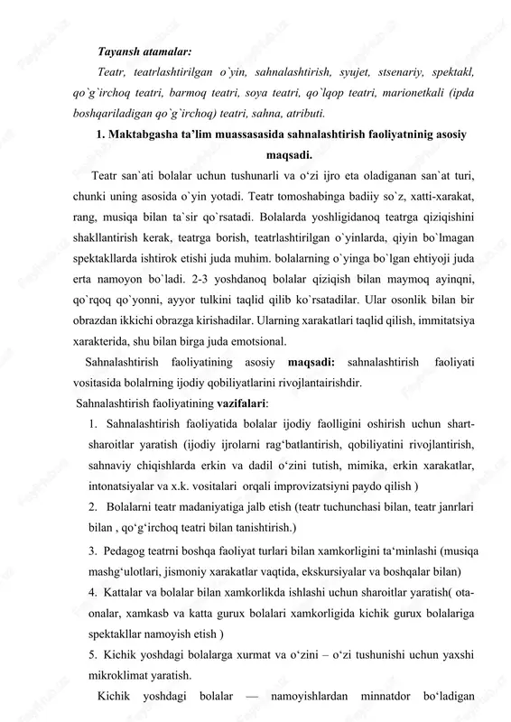aqtida, ekskursiyalar va boshqalar bilan) 4. kattalar va bolalar bilan xamkorlikda ishlashi uchun sharoitlar yaratish( ota- onalar, xamkasb va katta gurux bolalari xamkorligida kichik gurux bolalariga spektakllar namoyish etish ) 5. kichik yoshdagi bolalarga xurmat va o‘zini – o‘zi tushunishi uchun yaxshi mikroklimat yaratish. kichik yoshdagi bolalar — namoyishlardan minnatdor bo‘ladigan tomoshabindir. asosiysi, ota-onalar bolalarni qaerga va qanday maqsadda olib borganliklarini tushunishlari kerak. xaqiqiy teatrga bolalarni (masalan 2-3 yoshli bolalarni) olib borish xali erta. bolalar spektakllari repertuarlari, qoida bo`yicha, bu yoshdagi bolalarga mo`ljallanmagan. shuning uchun teatrni uyda yoki bolalar bog`chasida tashkil etishni maslaxat beramiz. uch yoshgacha bolalarga oddiy bolalar qiziqib o`ynaydigan o`yinchoqlar bilan tomoshalar qo`ysa bo`ladi. yangi o`yinchoqlar (qo`g`irchoq, kuchukcha, ayiqcha va x.k.) bolalarda zavq, qiziqish, xayratlanish xislarini uyg`otadi. bolalarbog`chasida bolalar teatrini nimadan boshlash kerak? bolalarni teatrlashtirilgan o`yin faoliyatiga jalb qilish kerak, uning uchun tarbiyachi rejisyor bo`lishi va teatr tashkil eta olishi lozim. mtmda bolalar oddiy vaziyatlarni o`yinchoqlar bilan ijro …