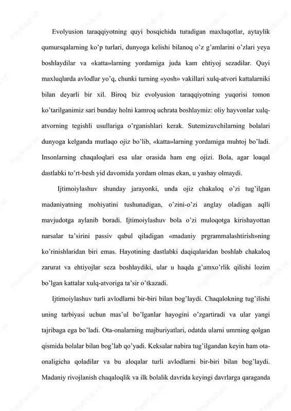 ish insonning butun hayotida davom etadi. keyingi boblarda biz oldingi bobda ko’tarilgan «tabiat»-ga qarshi mavzusini davom etgiramiz. avval biz individning tug’ilishdan to ilk bolalikkacha davrda rivojlanishi asosiy bosqichlaridagi o’zgarishlarni alohida ajratib tahlil qilamiz. turli mualliflar bolaning nima uchun va qanday rivojlanishini turlicha izohlaydilar va biz ularning yondashuvlarini ko’rib chiqamiz va qiyoslaymiz. keyin esa individ hayotining turli bosqichlarida uning ijtimoiylashuviga ta’sir o’tkazuvchi guruh va kontekstlarni tahlil qilamiz. xarlou kuzatishlarining natijalariga solishtirish mumkinligi haqida guvohlik bermokda, biroq bolalar deprivasiyasining uzoq oqibatlarini kuzatish qiyin (chunki bu borada eksperiment o’tkazish to’g’risida gap ham bo’lishi mumkin emas). chaqaloqlarni o’rganish bola uchun ilk barqaror mehribonlikning muhimligini ko’rsatmoqsa. lekin u aynan onasi bilan bo’lishi shart emas, shuning uchun «onalar deprivasiyasi» atamasi unchalik to’g’ri emas. muhimi — chaqalokdikda va ilk bolalik chog’ida hyech bo’lmasa bir kishi bilan barqaror, hissiy yaqin munosabatlar o’rnatish. bunday munosabatlar yo’qligi kanday salbiy natijalarga olib kelishi ancha yaxshi tavsiflangan. masalan, tadqiqotlar ko’rsatishicha, shifoxonaga yotqizilayotgan …