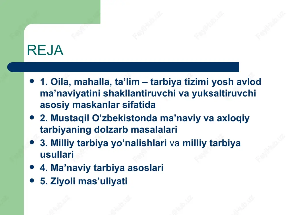 tonda ma’naviy va axloqiy tarbiyaning dolzarb masalalari insonga faqat atrof-voqelik haqida, odobu axloq qoidalari haqida bilim berishning o’zi uning ma’naviy-axloqiy tarbiyasi uchun yetarli bo’lmaydi. unda iroda qudrati, mas’uliyat tuyg’usini shakllantirish, ko’nglida atrof-tabiatga, mehnatga, kasbga, ilmga, o’zga insonlarga mehr uyg’otish, dilida ulug’ maqsadlar tug’ilishiga erishish lozim. masalan, tan olib aytish kerakki, vatan yoki adolat tuyg’usi haqida kitoblarda yozilganlarni o’qib chiqqan odam darhol vatanning qadriga yetadigan, yoki adolatga xiyonat qilmaydigan bo’lib qoladi, deb tasavvur qilish o’ta soddalik bo’lur edi shaxs va jamiyat odam shaxs bo’lishi uchun psixik jihatdan rivojlanishi, o’zini yaxlit inson sifatida his etishi, o’z xususiyatlari va sifatlari bilan boshqalardan farq qilmog`i kerak. kadrlar tayyorlash milliy modelida shaxs kadrlar tayyorlash tizimining bosh sub’ekti va ob’ekti, ta’lim sohasidagi xizmatlarining iste’molchisi va ularni amalga oshiruvchi sifatida ta’riflanadi. insonning shaxs sifatida rivojlanishi insonning shaxs sifatida rivojlanishi uning qiziqishi, xarakteri, qobiliyati, aqliy rivojlanganligi, ehtiyojlari, mehnat faoliyatiga munosabati bilan belgilanadi. ana shu xususiyatlar rivojlanib, insonning ijtimoiy …