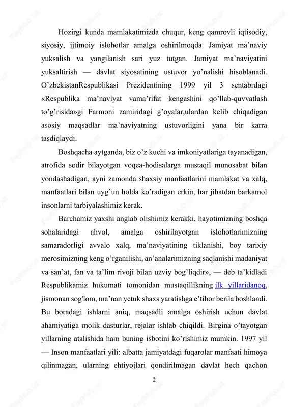 i «vatan ichra vatandir» deya ulug’lab kelgan. unda ulg’aygan har bir farzand avvalo o’z oilasi aksini, ular birlashib esa mamlakat qiyofasini butun dunyoga tanitadi. o’zbekistonda ro’y berayotgan bunday o’zgarishlar "oila, mahalla, o’quv bilim yurti hamkorligi" yo’nalishidagi shaxs tarbiyasida oila, ota-ona, mahalla,o’quv bilim yurtining asosiy vazifalarini mazmunan yangilab hayotga tatbiq etishni taqozo qiladi. ayniqsa, sinf rahbari bilan oila o’rtasidagi bu xildagi o’zaro xabarlashuvlar o’quvchini to’la o’rganishga, ta’lim va tarbiyada shu o’quvchi uchun eng maqbul tarbiya va ta’sir vositasini topishga yordam beradi. sinf rahbari o’z kuzatishlari, oiladan olgan axborotlari natijasini kundalikka yozib borsa, undagi to’plangan ma’lumotlarni vaqti-vaqtida o’rganish bilan shularga asoslanib tegishli xulosalar chiqarsa, bola xulqini va fazilatlarini yaxshilash yo’llari, keying rejalarni belgilasa, erishilgan darajani hisobga olib yangi pedagogik talablar qo’yib bo’lsa, tarbiya albatta samarali natija beradi. bola shaxsi rivojlanishining o’ziga xos xususiyatlari. rivojlanish kishidagi jismoniy, ruhiy va ijtimoiy jarayon bo’lib, u barcha tug’ma va egallangan miqdor va sifat o’zgarishlarini o’z ichiga …