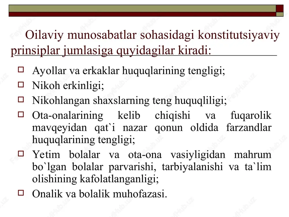 va tarbiyalashga majburdirlar. o`zbekiston respublikasi konstitutsiyasining 64-moddasi oila muhofazasi davlatda turli qonunlarni qabul qilish, shuningdek, jamoat jamg‘armalari va tashkilotlari tomonidan ma’naviy va moddiy qo‘llab-quvvatlash tariqasida amalga oshiriladi. binobarin, mustaqillik yillarida respublikada “bolalar jamg‘armasi”, “mahalla”, “ekosan”, milliy “qizil yarim oy jamiyati” singari ko‘p bolali va kam ta’minlangan oilalarga, bolalarga, yolg‘iz qariyalarga va hokazolarga imkoni boricha berayotgan jamoat jamg‘armalari tashkil qilindi. o‘zbekiston respublikasi prezidentining farmoniga binoan mamlakatda “sog‘lom avlod uchun” ordeni ta’sis etildi. onalik va bolalikni muhofaza qilishda, sog‘lom avlod kamol topishi uchun moddiy shart-sharoitlar va ma’naviy muhitni ta’minlashda alohida xizmat ko‘satgan shaxslar “sog‘lom avlod uchun” ordeni bilan taqdirlanadilar. nikoh tuzish nikoh tomonlarning ixtiyoriy roziligi va teng huquqliligiga asoslanadi. o`zbekiston respublikasi konstitutsiyasining 63-moddasi nikoh tuzish uchun kuyov va kelinning ixtiyoriy roziligi zarur, shuningdek, ular muayyan yoshga to‘lgan bo‘lishi shart (qizlar-17 yoshdan, yigitlar-18 yoshdan). ixtiyoriy rozilik nikoh tuzish masalasi hal etilayotganda uchinchi shaxslarning tayziqi bo‘masligi kerakligini anglatadi. uchinchi shaxslar, shu jumladan, ota-onalar tomonidan …