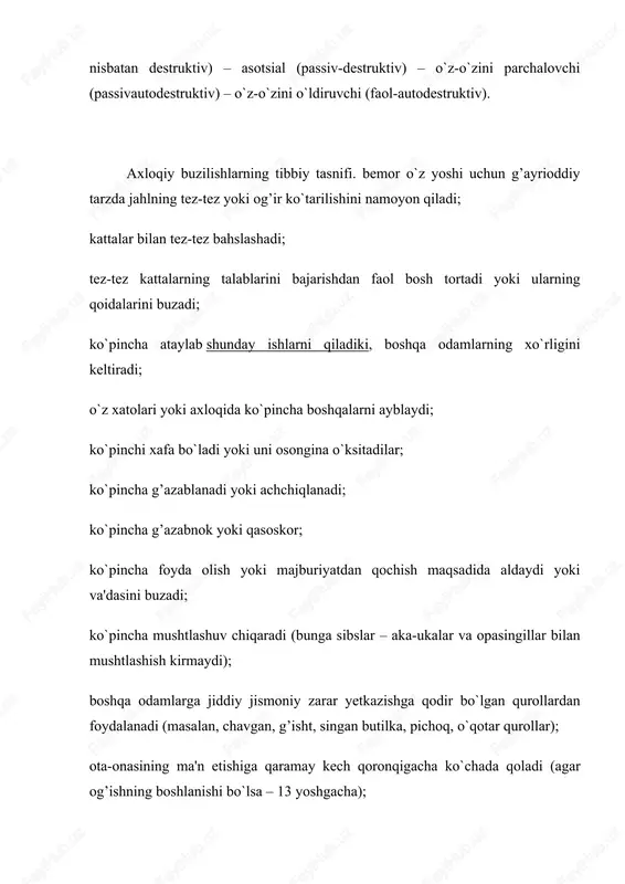 i; kattalar bilan tez-tez bahslashadi; tez-tez kattalarning talablarini bajarishdan faol bosh tortadi yoki ularning qoidalarini buzadi; ko`pincha ataylab shunday ishlarni qiladiki, boshqa odamlarning xo`rligini keltiradi; o`z xatolari yoki axloqida ko`pincha boshqalarni ayblaydi; ko`pinchi xafa bo`ladi yoki uni osongina o`ksitadilar; ko`pincha g’azablanadi yoki achchiqlanadi; ko`pincha g’azabnok yoki qasoskor; ko`pincha foyda olish yoki majburiyatdan qochish maqsadida aldaydi yoki va'dasini buzadi; ko`pincha mushtlashuv chiqaradi (bunga sibslar – aka-ukalar va opasingillar bilan mushtlashish kirmaydi); boshqa odamlarga jiddiy jismoniy zarar yetkazishga qodir bo`lgan qurollardan foydalanadi (masalan, chavgan, g’isht, singan butilka, pichoq, o`qotar qurollar); ota-onasining ma'n etishiga qaramay kech qoronqigacha ko`chada qoladi (agar og’ishning boshlanishi bo`lsa – 13 yoshgacha); boshqa odamlarga nisbatan jismoniy shafqatsizlikni namoyon etadi (masalan, qurbonni bog’laydi, uni kesadi, kuydiradi); hayvonlarga nisbatan jismoniy shafqatsizlikni namoyish etadi; begonalar mulkini g’araz bilan buzadi; qasddan xatar yoki jiddiy zarar yetkazish maqsadida olov yoqadi; uydan yoki boshqa joydan qimmatbaho buyumlarni o`g’irlaydi; tez-tez dars qoldiradi; uydan kamida ikki marta …