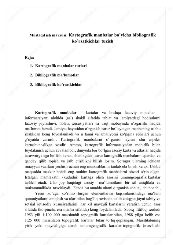 a 1:25 000 masshtabli topografik kartalar bilan to‘liq qoplangan. masshtabining yirik yoki maydaligiga qarab umumgeografik kartalar topografik (masshtabi 1:10 000, 1:25 000, 1:50 000 va 1:100 000), obzor-topografik (masshtabi 1:200 000, 1:300 00 va 1:500 000) va obzor (masshtabi 1:1 000 000 va undan mayda) kartalarga bo‘linadi. topografik kartalar maxsus yo‘llanma (instruktsiya) va shartli belgilar asosida tuziladi. ularda xudud topografik jihatdan aniq va mukammal tasivrlanadi. shuning uchun ulardan joyni aniq va mukammal o‘rganish hamda tekshirish, turli inshoatllarni loyihalash va qurish, muhandislik ishlarini olib borishda keng foydalaniladi. masshtabi 1:25 000 dan 1:1 000 000 gacha bo‘lgan kartalar umumdavlat kartalari hisoblanadi. ular iqtisodiyot va mamlakat mudofaasini kartalarga bo‘lgan ehtiyojini qondirishga qaratilgan. obzor topografik kartalar iqtisodiyotni rivojlantirish rejalari va loyihalarini tuzishda, yirik qurilish inshoatlari o‘rnini belgilashda, xududni geografik o‘rganish, geografik rayonlashtirish hamda mayda masshtabli karta va atlaslarnir tuzishda asos sifatida, harbiy ishlarda, chunonchi turli operativ va taktik masalalarni hal etishda keng qo‘llaniladi. obzor …
