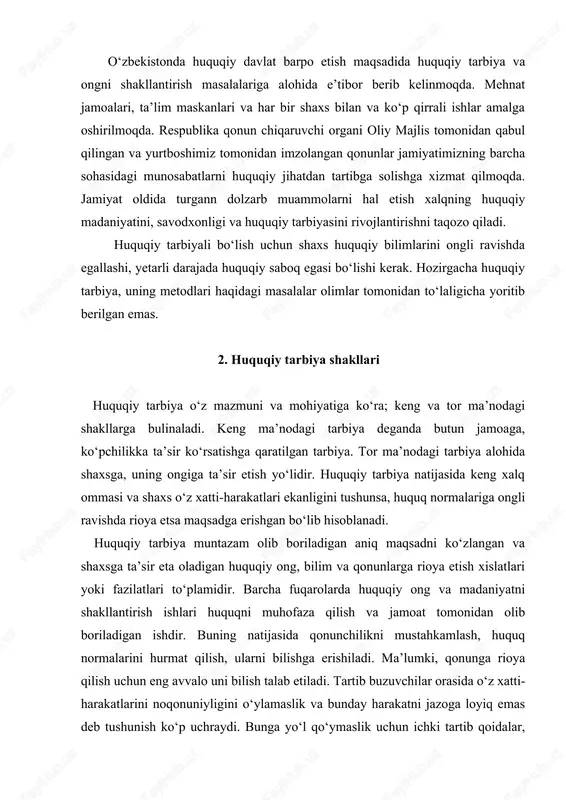 ida o‘z xatti-harakatlarini noqonuniyligini o‘ylamaslik va bunday harakatni jazoga loyiq emas deb tushunish ko‘p uchraydi. bunga yo‘l qo‘ymaslik uchun ichki tartib qoidalar, qonun normalariga rioya qilmaslik natijasida intizomiy, ma’muriy va hatto jinoiy jazo kelib chiqishini tushuntirilishi shart. ilgarigi davrlarda huquqiy tarbiya siyosiy tarbiya bilan bog‘liq holda olib borilar edi. shaxs va jamiyat o‘rtasida munosabatlar shaxs faoliyatini hayotiy pozitsiya esa tarbiya jarayonida shakllanadi. tarbiyaning ijtimoiy vazifasi shaxsni foydali faoliyatga o‘rgatishidir. masalan, yoshlarni biron hunarga, muomalaga, san’atga va yurish turishga o‘rgatish shular jumlasidan. huquqiy tarbiya qadimdan davlat bilan birga shakllanganligini ham unutmaslik kerak. huquqiy tarbiya o‘ziga xos xarakterga ega. u vakolatli organlar tomonidan amalga oshiriladi. huquqiy tarbiya davlat tomonidan belgilangan tuzilmalardan tashkil topadi va aniq maqsadlarni ko‘zda tutadi. shaxsda, mehnatga bo‘lgan munosabatni shakllantirishda jamiyat va davlat manfaatlari, davlatning tartib va qonunlarini hurmat qilish ruhi shakllanadi. axloq normalari bilan huquq normalari bir-biri bilan yaqin turadi. foydalanilgan adabiyotlar: 1. 1920-23 yillardagi xorazm xalq respublikasi …