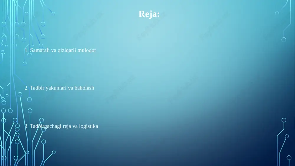 asalan, stullar, qo'llanmalar) uchun oldindan onlayn ro'yxatdan o'tish muhim. formatni tanlash maqsadlarga bog'liq (masalan, 20 ota-ona ishtirokida savol-javob, shahar hokimiyatida 100 kishilik konferensiya, maktab okrugi da kichik seminar). seminar/konferensiyalar batafsil rejalashtirishni talab qiladi: 3 ekspertni tanlash, sessiyalarni jadvalga kiritish (2 soatlik bloklar, 15 daqiqalik tanaffuslar bilan), joy ajratish (masalan, kaliforniya universiteti, berklidagi 200 o'rinli auditoriya) byudjet va moliyalashtirish ota-onalar uchrashuvlari: 3 ta uchrashuv (15 sent., 27 okt., 18 noy.) soat 19:00 da maktab kutubxonasida; signupgenius orqali ko'ngillilarni muvofiqlashtirish; byudjet ochiqligi, o'quv dasturi yangilanishi va maktab tadbirlari kabi mavzularni o'z ichiga olgan uchrashuv rejalarini (elektron pochta/maktab axborotnomasi) tarqatish byudjet: ota-onalar uchun seminarlarga 5000 dollar (materiallar, jamoatchilik markazida joy ijarasi); ptadan 2000 dollar grant olish; maktab okrugining ta'lim-tarbiya fondidan 1000 dollar ajratish. savol-javob oqshomlari, konferensiyalar bepul, mavjud maktab binolaridan foydalaniladi. tadbirdan keyingi kuzatuv tadbir so'nggi so'rovnomalar (300+ javob) tahlil qilindi; asosiy yo'nalishlar: aloqa (85% ijobiy), logistika (72% ijobiy), seminar samaradorligi (boshlang'ich maktabda …