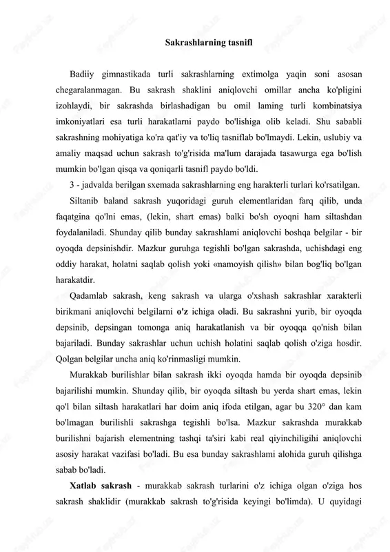 o'ladi. bu esa bunday sakrashlami alohida guruh qilishga sabab bo'ladi. xatlab sakrash - murakkab sakrash turlarini o'z ichiga olgan o'ziga hos sakrash shaklidir (murakkab sakrash to'g'risida keyingi bo'limda). u quyidagi belgilar orqali aniqlanadi: bir oyoqda depsinib, ikkinchi oyoq va qo'l bilan ifodali siltash bilan birga uchishda ozmi-ko'pmi murakkab burilishlar, oyoq holatlarini tez-tez almashtirish va bir oyoqqa qo'nish. murakkab sakrashlar yuqoridagi sakrash turlaridan kamida ikki - uchta belgilarni o'zida mujassamlaydi (xatlab sakrashdan tashqari). bitta sakrashda shunday belgilar bo'lishi mumkin: oyoqni siltab, uchishda tanani qo'shilishi, tayanchsiz holatda va burilishda holatni o'zgartirish va boshqalar. bunday harakatlar texnikasi va o'rgatish uslubiyotini taxlil qila turib, ularning murakkabligi, qiyinligi, koordinatsiya xususiyatlari, harakatning ifodaliligiga bog'liq bo'lgan elementlar tuzilishini, shu bilan birga mashqlarni o'zlashtirish jarayonida kelib chiqishi mumkin bo'lgan qiyinchiliklarni hisobga olish muhimdir. texnika tuzilishi va asoslari har qanday sakrash, uning aniq shaklidan qat'iy nazar mazkur harakatni umumiy holatini ko'rishga yordam beradigan strukturali - texnik elementlarni o'z ichiga …