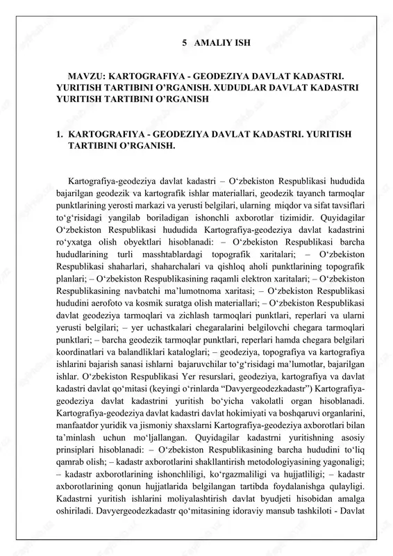 ergeodezkadastr”) kartografiya-geodeziya davlat kadastrini yuritish bo‘yicha vakolatli organ hisoblanadi. kartografiya-geodeziya davlat kadastri davlat hokimiyati va boshqaruvi organlarini, manfaatdor yuridik va jismoniy shaxslarni kartografiya-geodeziya axborotlari bilan ta’minlash uchun mo‘ljallangan. quyidagilar kadastrni yuritishning asosiy prinsiplari hisoblanadi: – o‘zbekiston respublikasining barcha hududini to‘liq qamrab olish; – kadastr axborotlarini shakllantirish metodologiyasining yagonaligi; – kadastr axborotlarining ishonchliligi, ko‘rgazmaliligi va hujjatliligi; – kadastr axborotlarining qonun hujjatlarida belgilangan tartibda foydalanishga qulayligi. kadastrni yuritish ishlarini moliyalashtirish davlat byudjeti hisobidan amalga oshiriladi. davyergeodezkadastr qo‘mitasining idoraviy mansub tashkiloti - davlat geodeziya nazorati inspeksiyasi kadastrini yuritish ishlarining ijrochisi hisoblanadi. kartografiya-geodeziya davlat kadastrini yuritish ishlariga umumiy rahbarlik va kadastrni yuritishni metodik ta’minlash davyergeodezkadastr qo‘mitasi tomonidan amalga oshiriladi. davlat geodeziya nazorati inspeksiyasi: – geodeziya, topografiya va kartografiya ishlari materiallarini davlat geodeziya nazorati inspeksiyasiga o‘z vaqtida taqdim etilishini nazorat qiladi; – kadastr axborotlarini shakllantirish va taqdim etish formatlarini ishlab chiqadi, ularning sifatini nazorat qiladi; – kadastr avtomatlashtirilgan axborot tizimi ma’lumotlar bazasi tuzilmasini ishlab chiqadi …