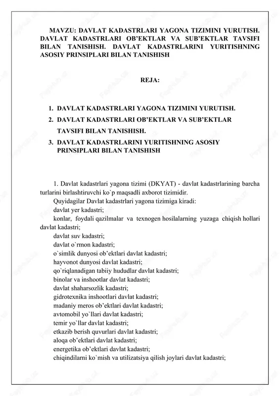 tini yagona umumdavlat jihatidan kompleks hisobga olishni va baholashni ta’minlash maqsadida yaratiladi va yuritiladi. 3. davlat kadastrlari yagona tizimini yuritish o`zbekiston respublikasi yer resurslari, geodeziya, kartografiya va davlat kadastri davlat qo`mitasi ("ergeodezkadastr" davlat qo`mitasi) tomonidan amalga oshiriladi. 4. davlat kadastrlari yagona tizimini yaratish va yuritish bilan bog`liq munosabatlar mazkur nizom, shuningdek boshqa normativ-huquqiy hujjatlar bilan tartibga solib boriladi. 5. davlat kadastrlari yagona tizimi davlat hokimiyati va boshqaruvi organlarini, yuridik va jismoniy shaxslarni ularning faoliyati uchun zarur bo`lgan barcha turdagi davlat kadastrlari axborotlari bilan tezkor ta’minlash uchun mo`ljallangan. 6. belgilangan tartibga muvofiq aniqlangan kadastrlar ob’ektlarining huquqiy maqomi to`g`risidagi ma’lumotlar, kartografiya-geodeziya materiallari, statistik hisobga olish ma’lumotlari, davlat kadastrlari ma’lumotlari davlat kadastrlari yagona tizimining asosini tashkil etadi. davlat kadastrlari yagona tizimi doirasida hududlarni kompleks baholash uchun zarur bo`lgan boshqa ma’lumotlar ham jamlanadi. davlat kadastrlari yagona tizimida belgilangan chegaralarda har bir hisobga olingan yer yuzasi uchastkasi uchun uning jug`rofiy holati, huquqiy maqomi, miqdor va …