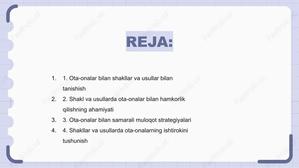 minlaydi. 3. ota-onalar bilan samarali muloqot strategiyalari yordamchi hamkorlikni rivojlantirish uchun ota-onalar bilan samarali muloqot zarur. ma'lumotni samarali etkazish va tushunishni ta'minlash uchun faol tinglash, hamdardlik va aniq tildan foydalaning. ishonch va hamkorlikni mustahkamlash uchun ochiq muloqot va fikr-mulohazalarni rag'batlantirish. ota-onalarning nuqtai nazari va tashvishlarini tan oling va tasdiqlang, shu bilan birga maktab nuqtai nazarini hurmat bilan ifodalang. ota-onalar o'zlarini hurmat va qadrlashlarini his qiladigan samimiy va inklyuziv muhit yarating. kuchli aloqa va hamkorlikni saqlab qolish uchun yangilanishlar, taraqqiyot va kelgusi voqealar haqida muntazam ravishda xabar bering. 4. shakllar va usullarda ota-onalarning ishtirokini tushunish shakllar va usullarda ota-onalarning ishtirokini tushunish ota-onalar va o'qituvchilar o'rtasida hamkorlikdagi hamkorlikni yaratish uchun juda muhimdir. ota-onalar maktablarda qo'llaniladigan turli shakl va usullarda faol ishtirok etib, farzandlarining ta'lim tajribasini shakllantirishda muhim rol o'ynaydi. shakllar va usullarda ota-onalarning ishtirokini tushunish va qabul qilish orqali o'qituvchilar o'quvchilarning muvaffaqiyati va umumiy farovonligini ta'minlaydigan qo'llab-quvvatlovchi muhitni yaratishi mumkin. 5. ota-onalar …