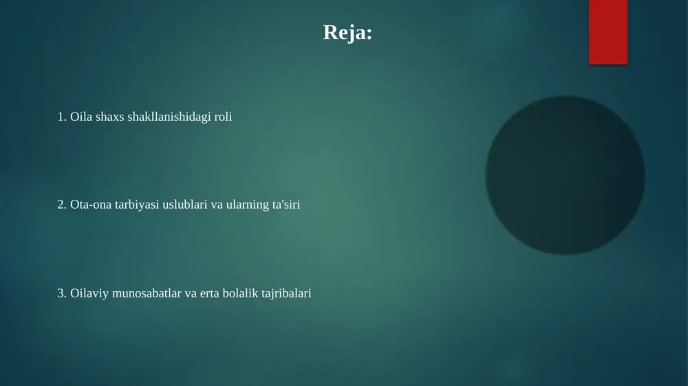 lan bog'liq ota-ona tarbiya uslublari va ularning ta'siri g'arb jamiyatlarida avtoritar tarbiya (yuqori mehr, yuqori nazorat) 5-12 yoshli turli ijtimoiy-iqtisodiy sharoitdagi bolalarda yuqori o'z-o'zini hurmat qilish (masalan, baumrindning 2010 yildagi meta-tahlili) va o'qish yutuqlariga bog'liq (masalan, aqsh va kanadadagi tadqiqotlar) ruxsat beruvchi tarbiya (yuqori iliqlik, past nazorat) o'smirlarda o'qish natijalarining pasayishiga (2018 yildagi avstraliya maktablaridagi tadqiqotga ko'ra o'rtacha gpa 0 ijtimoiy-iqtisodiy ahvol va oilaviy munosabatlar temperament va muhit o'zaro ta'siri oila muhiti (masalan, ota-ona mehr-muhabbati, tarbiya uslubi, londondagi 3 farzandli oiladagi aka-uka munosabatlari) shaxsni shakllantirishda muhim rol o'ynaydi biologik asoslangan xulq-atvor uslubi (masalan, reaksiyaviylik, oʻzini tarbiyalash) atrof-muhit omillari (masalan, ota-ona tarbiyasi, ijtimoiy-iqtisodiy holat) bilan oʻzaro ta’sir qilib, bolalik (0-12 yosh) va oʻsmirlik (13-18 yosh) davrida shaxsiyat rivojiga ta’sir qiladi bolbiy va ainsvort nazariyasi, erta ota-ona-bola munosabatlari (masalan, javobgarlik, sezgirlik) kelajakdagi munosabatlar va shaxsga ta'sir qiluvchi ichki ish modellarini o'rnatadi oila qadriyatlari va axloqiy tarbiya oila tuzilmasi (yadroli, kengaytirilgan, yolg'iz ota-onalik) …