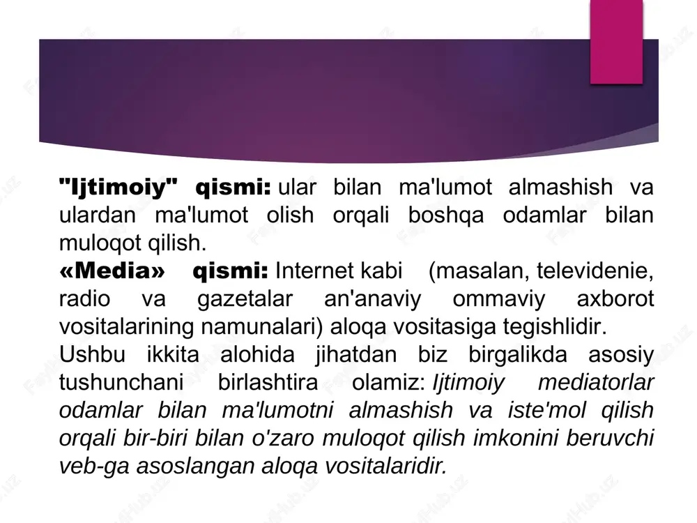 larining yangiliklar orqali haqiqiy vaqtda yangilanadi. personalizatsiya: ijtimoiy axborot saytlari odatda foydalanuvchilarga foydalanuvchi sozlamalarini moslash uchun moslashuvchanlikni beradi, o'zlarining profillarini ma'lum bir ko'rinishga moslashtiradi, do'stlarini yoki izdoshlarini tartibga soladi , o'zlarining yangiliklar manbalarida ko'rgan ma'lumotlarini boshqaradi va hatto o'zlari nima qilganlari haqida fikr bildiradi yoki ko'rishni istayman. ko'p odamlar ijtimoiy media va ijtimoiy tarmoqlarning ma'nosini bir xil ma'noga ega degan ma'noni anglatadi. farqi nozik bo'lsa-da, ular bir xil emas. ijtimoiy tarmoqlar, albatta, ijtimoiy axborot vositalarining kichik toifasi. ijtimoiy axborot vositalari va ijtimoiy tarmoq o'rtasidagi farqni tushunishning eng oson yo'li "media" va "tarmoqlarni" alohida-alohida tushunishdir. matbuot siz haqiqatda baham ko'rayotgan ma'lumotlarga ishora qiladi: bu maqola, video, jonlantirilgan gif , pdf hujjati, oddiy holatni yangilash yoki boshqa narsalar bilan bog'lanishmi. boshqa tomondan, tarmoq yaratish, tomoshabinlar kim va ular bilan bo'lgan munosabatlarga bog'liq. sizning tarmog'ingiz do'stlar, qarindoshlar, hamkasblaringiz, o'tmishingiz, hozirgi mijozlaringiz, maslahatchilaringiz va hatto butunlay begonalar kabi kishilarni o'z ichiga olishi mumkin. ijtimoiy …