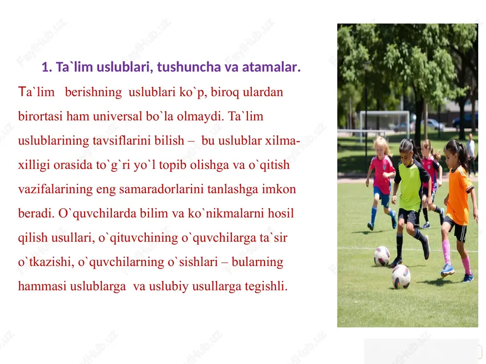 ti bo`ladi. masalan: ko`rgazmalilik metodi bilan harakat faoliyat larini tanishtirish, uni takomillashtirishning(turli yoshdagi o`quvchilar, kattalar bilan ishlashda) turli xildagi ta`lim vazifalarini hal qilish mumkin metod (yunon. metods — usul) keng ma`noda yo`l, ijodiy faoliyatning har qanday shakli kabi ma`nolarni anglatadi. metod (yun. "metodos" — bilish yoki tadqiqot yoʻli, nazariya, taʼlimot) — vo-qelikni amaliy va nazariy egallash, oʻzlashtirish, oʻrganish, bilish uchun yoʻlyoʻriklar, usullar majmuasi, falsafiy bilimlarni yaratish va asoslash usuli ta`limning uslubga qo`yadigan umumiy talablar. 1.ta`limning dars oldiga qo`yilgan vazifalar bilan muvofiqligi. 2.ta`limning tarbiyalovchi xarakterini ta`minlash. 3.ta`limning tamoyillar bilan muvofiqligi. 4.o`quv materialining ta`lim uslublariga muvofiqligi. 5.o`qituvchining individual xususiyati va imkoniyatlarining muvofiqligi. 6.mashg`ulotlarning shart-sharoitlarga muvofiqligi. ta`lim metodlari tavsifi o`quvchilarning bilimlarini oshirish, malaka va ko`nikmalarni egallash uchun ta`lim metodlari uch guruxga ajratiladi. har bir gurux bir necha xil metodlarni o`z ichida mujassamlashtirgan. mujassamlashtirilgan metodlarning ta`lim jarayonidagi o`rniga ko`ra so`zdan foydalanish, ko`rgazmali his qilish va amaliy metodlar deb guruxlanadi va ulardan pedagogik jarayonda keng …