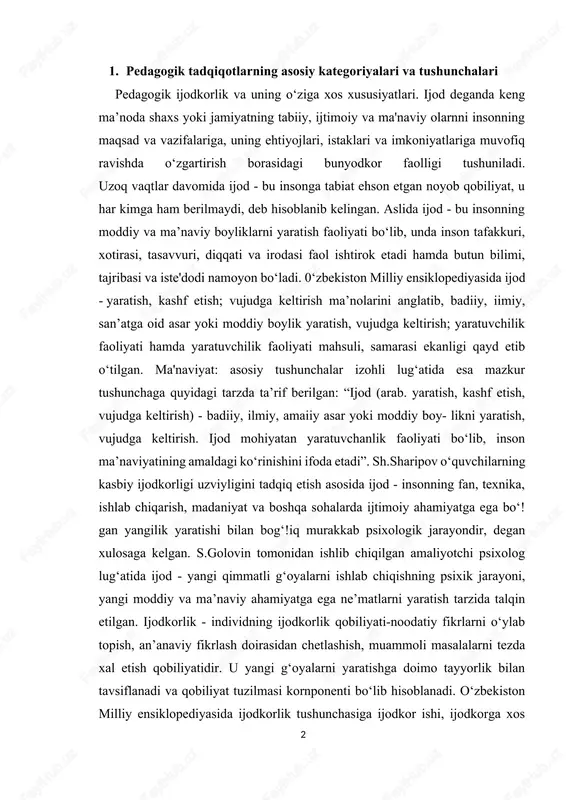 arzida talqin etilgan. ijodkorlik - individning ijodkorlik qobiliyati-noodatiy fikrlarni o‘ylab topish, an’anaviy fikrlash doirasidan chetlashish, muammoli masalalarni tezda xal etish qobiliyatidir. u yangi g‘oyalarni yaratishga doimo tayyorlik bilan tavsiflanadi va qobiliyat tuzilmasi kornponenti bo‘lib hisoblanadi. o‘zbekiston milliy ensiklopediyasida ijodkorlik tushunchasiga ijodkor ishi, ijodkorga xos faoliyat; yaratuvchilik tarzida qisqa ta’rif berilgan. pedagogik ensiklopedik lug‘atda “ijodiy faoliyat sifat jihatdan yangini yaratishga doir inson yoki jamoaviy faoliyat shakli. ijodiy faoliyatning zaruriy sharti fikrning egiluvchanligi, tanqidiylik, idrok etishning yaxlitligida aks etadi”, deb izoh berilgan. mazkur lug‘atda “ijod” va “ijodkorlik” tushunchalariga alohida ta’rif berilmagan. falsafiy, pedagogik-psixologik adabiyotlarda “ijodkorlik” original, takrorlanmaydigan, ijtimoiy-tarixiy noyoblik bilan ajralib turuvchi faoliyat turi sifatida e’tirof etiladi. so‘nggi vaqtlarda “ijodkorlik” tushunchasi bilan birgalikda “kreativlik” atamasi ham keng qo‘llanilmoqda. kreativlik - individning qayta ishlov berish va yaratish bilan aloqador xilma-xil faoliyat turlari, tashabbuskorligi, faolligi, boshqa kishilar bilan muloqot jarayonida, mental xatti-harakatlarigda namoyon bo‘ladigan ijodiy salohiyati va qobiliyatlari majmuidir. n.m.gnatko “ijodkorlik” va “kreativlik” tushunchalari …