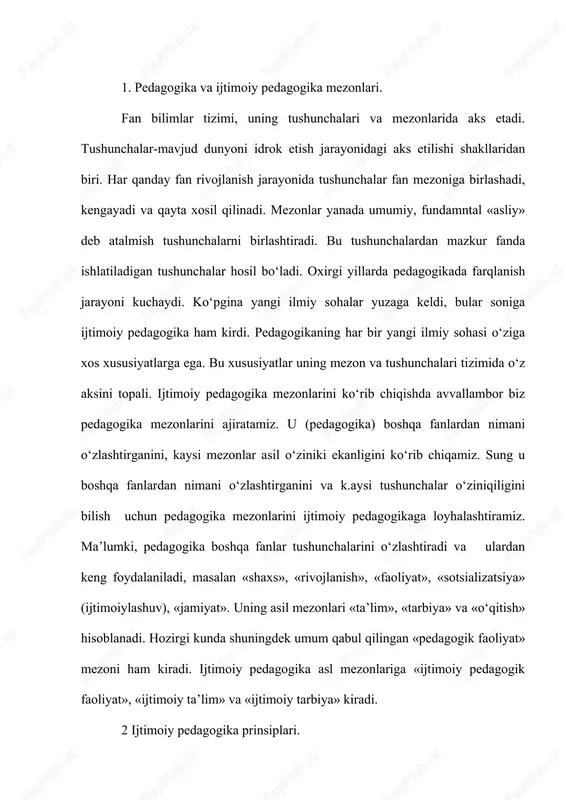 d. fanlar prinsip va koidalar bizga bog‘liq bo‘lmagan xolda mavjud. ulardan chetga chiqish mumkin emas, aks xolda pedagogik faoliyat befoyda, balki zararli ham bo‘ladi. ijtimoiy pedagogika pedagogikadan ajralib chikdi, tabiiyki o‘z asosida shu fan prinsiplariga tayanadi. pedagogikadagi prinsiplar shaxs ta’lim tarbiyasining umumiy yo‘nalishini beradi va aniq pedagogik vazifalar hal etish uchu asos bo‘lib xizmat qiladi. birok, shu fan rivojlanishining har bir davri uchun pedagogika prinsiplari haqidagi masala munozaralidir. zamonaviy davr ham bundan mustasno emas. har xim olimlar u yoki bu prinsiplarni olg‘a suradi yoki yangicha ma’lumotlarni izoxlaydi. bu borada ijtimoiy pedagogikada yanada ko‘p qiyinchiliklar yuzaga kelmokda, ammo uning dunyoviy balog‘at yoshiga (100 yildan ortik) karamay o‘z bekistonda bu fan endi o‘z ining birinchi kadamlarini kuymokda. biz 3 ta prinsipni ko‘rib chiqamiz: tarbiya’ning tabayatga uyg‘un bo‘lishi to‘g‘risidagi prinsip, tarbiya’ning madaniy uyg‘un bo‘lishi prinsipi va gumanizim prinsipi. shu prinsiplardan har biri ijtimoiy pedagogikada o‘zining talqiniga va o‘ziga xos xususiyatiga ega. a). tarbiya’ning …