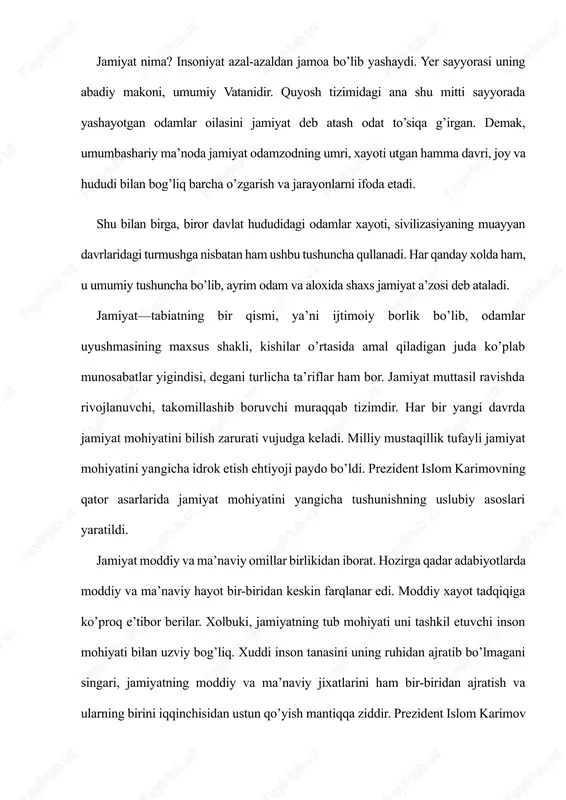 iqqinchisidan ustun qo’yish mantiqqa ziddir. prezident islom karimov asarlarida jamiyatning moddiy va ma’naviy manfaatlarini uyg’unlashtirish ijtimoiy taraqqiyot asosi egani ta’kidlangan. inson ma’naviyatini yo’qsaltirish orqaligina iqtisodiy rivojlanishga erishish mumkin. shuning uchun ham hozirgi davrda aholi ma’naviyatini yo’qsaltirishga, milliy g’oya va mafkura asoslarini shakllantirishga katta e’tibor berilyapti. zero, kishilar iqtisodiy jixatdan qashshoq bo’lgani uchun ilmsiz bo’lmaydi, balki, aksincha — ilmsiz bo’lgani uchun qashshoq bo’ladi. shuning uchun yurtimizda xalq ma’naviyatini yo’ksaltirish orqali iqtisodiy farovonlikni ta’minlashga katta e’tibor berilyapti. jamiyatning vujudga kelishi. kishilarni oila bo’lib, jamoa bo’lib uyushishga nima majbur qilgan, degani masala qadim zamonlardanoq ulug mutafakkirlar e’tiborini jalb etgan. bu masalani diniy tushunish — uni ilohiy kuch, xudo bilan bog’lab izohlashdir. dunyoviy qarashlarga ko’ra, odamlar o’zlarining moddiy va ma’naviy extiyojlarini qondirish uchun birgalikda yashashga, jamoa bo’lib birlashishga kunikkan. kishilar hayotiy tajriba, aql va tafaqqur tufayli jamiyat bo’lib yashashning qulay, afzal va zarurligini tushungan. bu jarayonda o’zaro munosabatlarga qirishgan kishilar ana shu munosabatlarni takomillashtirish, …