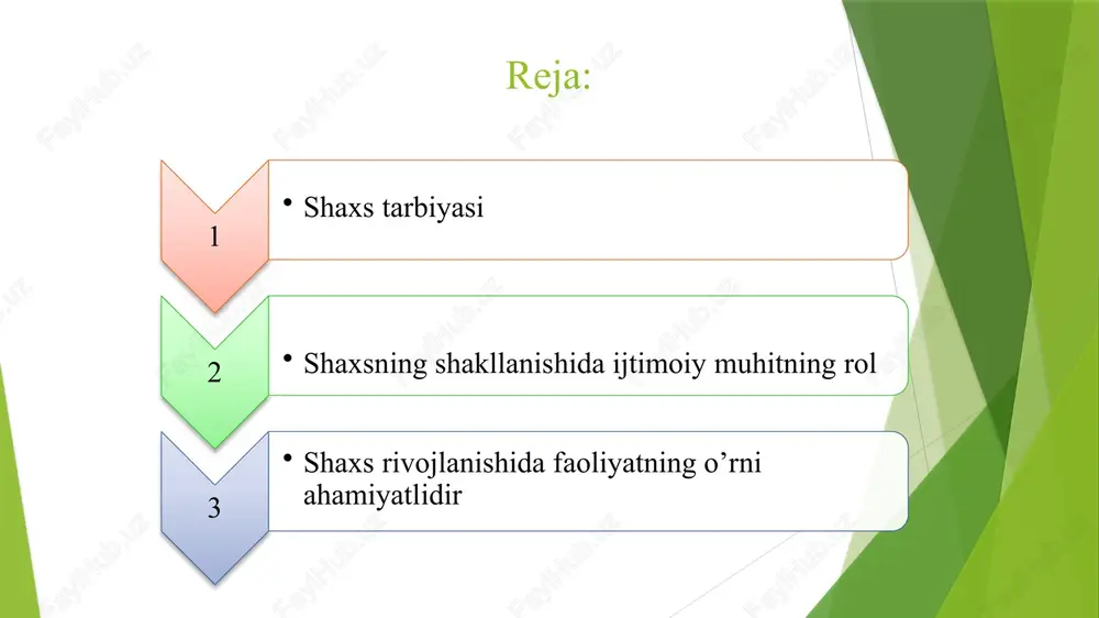 ning ta’siri ham muhim. bu tarbiya tizimi orqali amalga oshiriladi. ya’ni tarbiya ta’sirida muhit bera olmagan bilim, ma’lumot egallanadi, mehnat va texnik faoliyat bilan bog'liq ko’nikma va malakalar hosil bo’ladi. tarbiya tufayli tug'ma kamchiliklar ham o’zgartirilib, shaxs kamolga etadi. tarbiya yordamida muhitning salbiy ta’sirini ham yo’qotish mumkin. tarbiya kelajakka qaratilgan maqsadni belgilaydi. demak, tarbiya bilan rivojlanish bir-biriga ta’sir etadi, bu tarbiya doimiy va uzluksizdir. shaxs rivojlanishi nimalarga bog’liq irsiyat muhit tarbiya faoliyat shaxs rivojlanishida faoliyatning o’rni ahamiyatlidir bu degani inson qanchalik mehnat qilsa, uning rivojlanishi shunchalik yuqori bo’ladi. faoliyat o’zi nima? faoliyat shaxs tomonidan tabiiy va ijtimoiy hayotni maqsadga muvofiq tashkil etiluvchi kundalik, ijtimoiy yoki kasbiy harakatlarning muayyan shakli, ko’rinishi. insonning qobiliyati va yoshi u tomonidan tashkil etilayotgan faoliyat mohiyatiga ko’ra belgilanadi. faoliyat jarayonida inson shaxsi, har tomonlama va bir butun, yaxlit holda rivojlanadi. lekin faoliyatni maqsadga muvofiq amalga oshirishi uchun uni to’g’ri tashkil etish lozim. lekin ko’p holatlarda shaxsning …