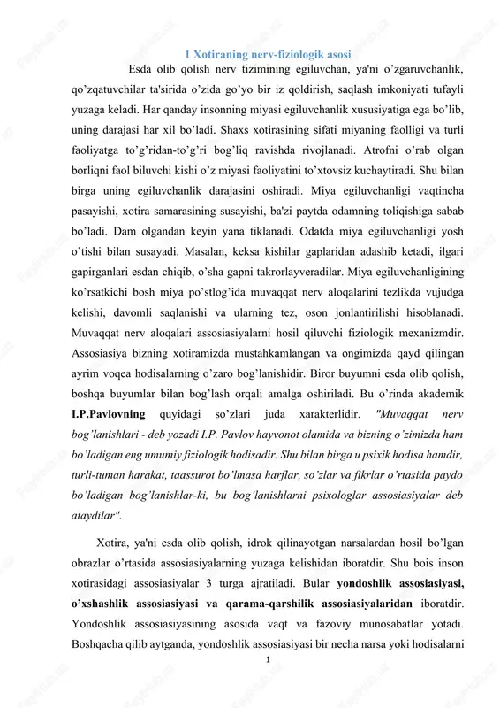 taydilar". xotira, ya'ni esda olib qolish, idrok qilinayotgan narsalardan hosil bo’lgan obrazlar o’rtasida assosiasiyalarning yuzaga kelishidan iboratdir. shu bois inson xotirasidagi assosiasiyalar 3 turga ajratiladi. bular yondoshlik assosiasiyasi, o’xshashlik assosiasiyasi va qarama-qarshilik assosiasiyalaridan iboratdir. yondoshlik assosiasiyasining asosida vaqt va fazoviy munosabatlar yotadi. boshqacha qilib aytganda, yondoshlik assosiasiyasi bir necha narsa yoki hodisalarni ayni bir vaqtda yoki ketma-ket idrok qilishdan hosil bo’ladi. masalan, bog’chada bolasi har kuni o’zining tarbiyachi opasi va tarbiyalanayotgan guruhini idrok qiladi. keyinchalik, ya'ni katta bo’lgandan so’ng bog’chasini eslasa tarbiyachi opasi va aksincha, tarbiyachi opasini eslasa, bog’cha guruhi ko’z o’ngida gavdalanadi. hozirgi paytda idrok qilinayotgan narsa bilan ilgari idrok qilingan narsa o’rtasida ma'lum o’xshashlik bo’lsa, bu narsalar o’rtasida o’xshashlik assosiasiyasi hosil bo’ladi. masalan, bola dastavval bog’chaga kelgan paytida bog’cha mudirasining tashqi ko’rinishi, ovozi va munosabatlarini o’z onasiga o’xshatishi mumkin. keyinchalik bola onasini ko’rganda, mudira opasini va aksincha mudira opasini ko’rganda onasini eslaydigan bo’lib qoladi. bu ikkala odamning bola …