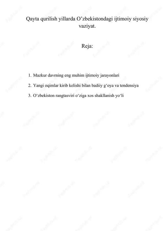 zum va qatiy mafkuraviy senzuraga ega mamlakatlar uchun xos edi. albatta madaniyat va san’at-muayyan xalqning yutug‘i, zero ular ushbu xalqning milliy xarakteri, unga xos bo‘lgan qadriyatlarni o‘zida mujassam etadi. lekin, hatto bunday tushunchalar ham rivojlanish jarayonida til rivojida bo‘lgani kabi muntazam ravishda nimanidir ortirib, qaysidir jihatidan ajraydi, biroq abadiy qotib qolmaydi, balki kundalik vaqt oqimida uzluksiz o‘zgarib boradi. 1.mazkur davrning eng muhim ijtimoiy jarayonlari - oshkoralik va demokratik jarayonlar mustabid tuzum davrida, yillar davomida to‘planib shakllangan ijtimoiyiqtisodiy, siyosiy va madaniy sohadagi muammolarni yuzaga chiqardi. qayta qurish mazkur davr san’atida badiiy obrazning hayot haqiqatiga mos kelishi va jamiyat ruhiga, ongiga, tasavvuriga chuqur kirib borishni taqozo etdi. 1980 yillar rangtasviri davr talabi, g‘oyaviy yo‘nalishi va ijodkorning shaxsiy qarashi va professional mahorati asosida ishlanib, o‘ziga xos qaytarilmas joziba kasb eta bordi. o‘zbekistonda qayta qurish davri rangtasviri xx asrning 1980 yillar oxiri va 1990 yillar boshida ro‘y bergan “sotsializm”ning emirilishi eng ulkan voqea sifatida …