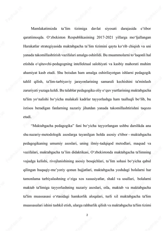 hliliga qaratilgan maktabgacha ta’lim muassasasi uzluksiz ta'lim tizimining birinchi bosqichi, jamiyatning eng muhim ijtimoiy zaminidir. maktabgacha ta'lim muassasi bolalarni tarbiyalash va rivojlantirish, ularni maktabga tayyorlashda yetakchi o‘rin tutadi. barcha turdagi maktabgacha ta'lim muassasalari o‘zbekiston respublikasi prezidentining “2017 - 2021-yillarda maktabgacha ta'lim tizimini yanada takomillashtirish choratadbirlari to‘g‘risida”gi 2016-yil 29-dekabrdagi pq-2707-son qaroriga muvofiq vazirlar mahkamasi qarori asosida tashkil etiladi. davlat maktabgacha ta'lim muassasasida ta’lim mazmuni maktabgacha ta'limga qo‘yiladigan davlat talablariga asosan ishlab chiqilib, o‘zbekiston respublikasi maktabgacha ta’lim vazirligi tomonidan tasdiqlangan yoki tavsiya qilingan dasturlar bilan belgilanadi. davlat maktabgacha ta’lim muassasasining ish tartibi va bolalarning ushbu muassasada bo‘lish vaqti davlat maktabgacha ta’lim muassasasining ustavi va muassisning qarori bilan belgilanadi. davlat maktabgacha ta'lim muassasasida besh kunlik ish haftasi uchun, qoida tariqasida, quyidagi ish tartibi joriy etiladi: 12 soatli; 10,5 soatli; 9 soatli; 4 soatli. davlat maktabgacha ta'lim muassasasi joylashgan hududda yashaydigan aholi talablaridan kelib chiqib, davlat maktabgacha ta'lim muassasasida yoki uning alohida guruhlarida 6 …
