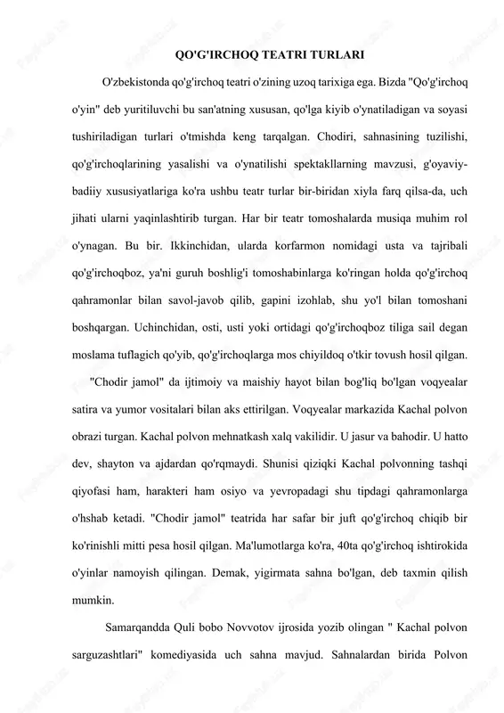kelganini aytadi. voqyea davomida o'sha it polvonni tishlaydi, korfarmon zo'r-bazor uni ajratib oladi. uchinchi sahnada esa sutxo'r boy bilan kachal polvon to'qnashuvi ko'rsatiladi. sutho'r qarzini talab qiladi. bechorakachal polvonning o'n baravar ko'paygan qarzini to'lashga imkoniyati yo'q. ikki o'rtada rosa jang bo'ladi. bizga yetib kelgan sahnalardan birida eski zamonda bozor nazoratchisi bo'lgan raisning ikkiyuzlamachiligi, poraxo'rligi fosh qilinadi. juldur kiyingan poyaki bozorda keng zardo'z to'n kiyib, katta salla o'rab, tasbeh ushlab olgan raisga chilimini tutadi. rais avval: "shariat bunga yo'l bermaydi", deb olmaydi, keyin u yon - bu yonga olazarak bo'lib chilimni oladi-da, rosa tortadi va poyakiga qaytib berib indamay ketaveradi. poyaki uni to'xtatib, haq talab qilganida, raisni jahli chiqadi va uni jazolashga shaylanadi, poyaki bechora pora cho'zib kaltakdan qutulib qoladi. bulardan tashqari, "ajdarhoning hoji kampirni yutishi", "oyimxola bilan uning kuchugi qoravoy", "ikki masxaraboz", "maymun o'yin", "toshboz", "tergovchi" kabi sahnalar ham ko'rsatilgan. "chodir jamol" tomoshalari kachal polvon sarguzashtlari qissasini bayon qilgani, har …