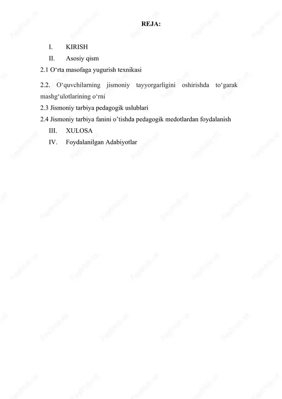 niy tarbiyada aloxida - ahamiyatda ega emas, balki murakkab bog‘langan holda ta’sir ko‘rsatadi. jismoniy tarbiyaning moxiyatini tushunish uchun eng avvalo uning maxsus mazmunini aniqlash lozim. 2.1 o`rta masofalarga yugurish o`rta masofalarga yugurish o`rta startdan boshlanadi. faqat 800 m yugurish ayrim paytlarda past startdan boshlanadi. o`rta masofaga yugurishning: 5 ta asosiy fazasi bo`lib,1- o`rta startda turish, 2- startdan chiqish, 3- masofa bo`ylab yugurish, 4- marraga kirish.5. marradan keyingi to`xtash. startda turish xolatilari. yuguruvchi "startga" buyrug`idan keyin start holatida kuchliroq oyog`ini start chiziga yaqiniga ikkinchi oyog`ini uchini esa 30-50 sm orqaroqqa ko`yadi ikkala oyog`ini sal bukadi, gavdasini oldinga engashgirib, ogirlik markazini oldinga oyoqqa o`tkazadi. lekin yiqilib tushmaslik va yugurishni oldin boshlamaslik uchun u.o.m.ning proeksiyasi oyoq uchidan oldinga o`tib ketmaslik kerak. oldingi oyog`iga nisbatan qarama-qarshi tomondagi ko`lni bukib, oldinga chiqariladi. o`rta masofaga yuguruvchilarning ayrimlari shu ko`l bilan yerga tayanadilar (start chizig`idan orqarokda) masofaga qanchalik qisqa bo`lsa, yuguruvchining startda turishi shunchalik past startga yaqin …