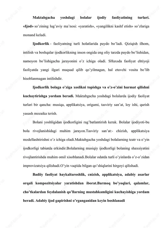 ar) yaxshilandi, shaxsiy fazilatlar faol rivojlanmoqda va ularning asosida qobiliyat va niyat. maktabgacha tarbiyalanuvchilarning ijodiy qobiliyatlarini rivojlantirish, maktabgacha ta'limni standartlashtirish sharoitida muhim ahamiyatga ega. eng ko'p samarali vosita bolalarning ijodiy fikrlash va tasavvurlarini rivojlantirish uchun: - nostandart faollik qilish qobiliyatini rivojlantirish; - ijodiy faoliyatga tayyorlik; - ularning faoliyatining ijodiy mahsulotlarini yarating; - dunyoga estetik munosabatni shakllantirishga yordam bering. bolalarni har tomonlama rivojlantirishda ijodiy faoliyatning ahamiyati. maktabgacha yoshdagi bolalarning ijodiy qobiliyatlarini rivojlantirish bo'yicha mashg'ulotlar bolaning shaxsini shakllantirishda muhim ahamiyat kasb etadi. ushbu sohada olimlar va psixologlar tomonidan olib borilgan barcha tadqiqotlar, ijod qobiliyatiga ega bo'lgan bolalarning yanada barqaror ruhga ega ekanligi, ular bilan muloqot qilish va do'stona munosabatda bo'lishlarini isbotlaydi. bolalar go’zallik,o’yinlar, ertaklar, muciqa, rasm,fantaziya, ijod olamida yashashlari kerak (v.a.suxomlinskiy).bolalarning ijodiy qobiliyatini rivojlantirishning yana bir ajoyib imkoniyati- ertaklarni sahnalashtirishdir. kichik yoshda, kompleks rivojlanishga, ya'ni maktabgacha yoshdagi bolalarning adabiy, badiiy va musiqiy qobiliyatlarini rivojlantirishga alohida e'tibor berish tavsiya etiladi. maktabgacha ta’lim muassasalarida …