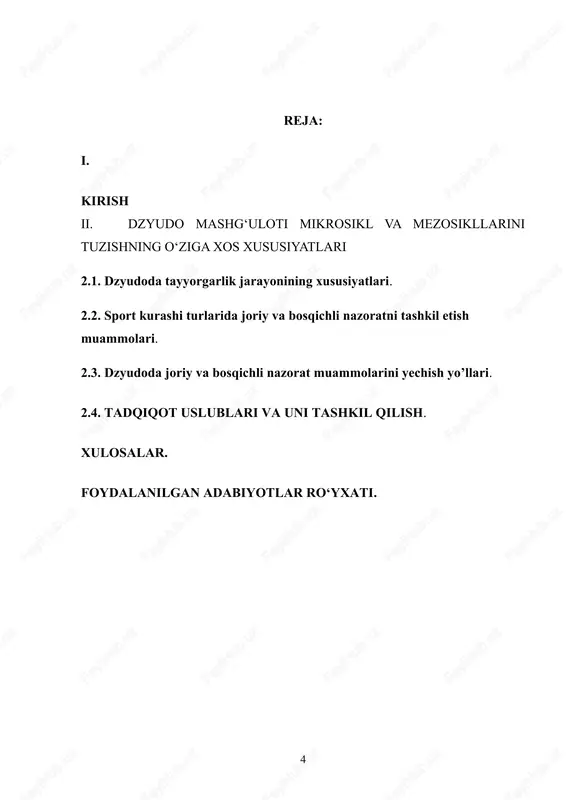 xisobga olgan xolda, axloqiy-irodaviy, texnik-taktik va jismoniy tayyorgarligiga alohida e’tibor qaratish kerak [8]. o‘zbekiston terma jamolarining halqaro sport maydoniga chiqishi shuningdek halqaro sport raqobatining kuchayishi sportchilarni xususan malakali dzyudochi qizlarni tayyorlash uslubiyatlarini samaradorligini oshirishni talab kiladi. o‘zbekiston dzyudochi qizlari olimpiya o‘yinlari va jahon sport maydonlarida muhim g‘alabalarni qo‘lga kiritib kelmoqda. lekin erishilgan g‘alabalarni yanada mustahkamlash uchun mashg‘ulot jarayonini kelgusida ham takomillashtirish lozim [11,12]. malakali dzyudochi qizlarning taktik mahoratini takomillashtirish jarayonini nazorat qilish bugungi kun dolzarb mavzularidan biridir. dzyudochi qizlarning organizmidagi funksional o‘zgarishni hisobga olgan holda mashg‘ulot jarayonini joriy va bosqichli nazorat qilish, ularning texnik – taktik tayyorgarligiga alohida e’tibor qaratgan holda yuklamalarni to‘g‘ri bera olish kerak. malakali dzyudochi qizlarning tayyorgarligini samaradorligini oshirish zaruriyati yuklamani texnik – taktik tayyorgarlikni ilmiy asosda joriy va bosqichli pedagogik nazorat qilishni taqozo etadi. ushbu uslublarni malakali dzyudochi qizlarni tayyorlash tizimiga joriy etish maxsus tadqiqot olib borish kerakligidan dalolat beradi. yuqoridagi fikrlar bitiruv malakaviy ishining tanlangan …