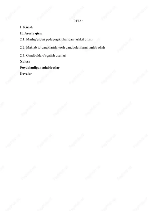 nda pedagogik mahorat va shug’ullanuvchilar sog’lig’i to’g’risidagi ma’lumotlarni ham e’tiborga olish lozim. bundan tashqari, bolaning ruxiy imkoniyatlariga to’g’ri baho berish ham katta ahamiyatga ega bo’ladi. bu yosh sportchining ruxiy sifatlarini ravojlanish darajasini aniqlashga, gandbolchining o’yin usullarini yaxshi o’rganib olishga imkon beradi. birinchi bosqichda gandbol o’yiniga qobiliyatli bolalar tanlanadi va tanlangan sport mutaxassisligi bo’yicha dastlabki mashg’ulotlar tashkil etiladi. dastlabki tayyorgarlik bosqichida bolaning gandbol o’yiniga yaroqliligi, tanlangan mutaxassislikka bola imkoniyatlarining javob bera olishi va taklif etiladigan ta’sir vositalari hamda dastlabki ko’rsatkichlarining o’zgarish darajasi aniqlanadi. 2.1 mashg’ulotni pedagogik jihatidan tashkil qilish qo’l to’pi darslari boshqa jismoniy tarbiya darslari singari asosiy mashg’ulot shakli hisoblanadi. bu jismoniy tarbiya jarayonini amalga oshirish uchun eng qulay sharoitlarni yaratadi. maktab sport tugaragidagi mashg’ulotlar ham dars shaklida tashkil etiladi. dasturda belgilangan qo’l to’pi darslarining umumiy o’quv tarbiyaviy maqsadlari ma’lum bir davr o’quv yili uchun ishlarni rejalashtirish paytida xususiy vazifalar tizimida aniqlashtiriladi. ish natijalari birinchi navbatda har bir darsning didaktik …