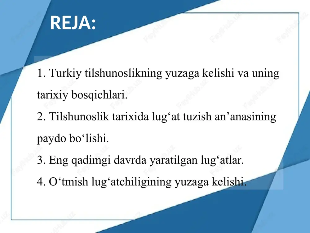 gi turkiy yozuvlarda bitilgan grammatik asarlar hamda lug‘atlarning namunalari saqlanib qolgan. ushbu namunalar o‘sha zamonlarga tilshunoslik fani, xususan, lug‘at tuzish an’anasi yuzaga kelganidan darak beradi. uyg‘ur olimi qurbon valining yozishicha qadimgi turfon xarobalaridan buddizm davrida yaratilgan xitoycha-turkiy lug‘at parchasi topilgan. lug‘at nihoyatda parokanda bo‘ib, hozir undan o‘n bir varaq parcha qolgan, xolos. borlarining ham tevaragi titilib, matnning ko‘p yeri uzilib tushgan; jumlalari ham uzuq-yuluq. ushbu lug‘at parchalari sinjon avtonom rayon muzeyida saqlanmoqda. xitoycha-turkiy lug‘atning yozilgan davri aniq emas. muhimi shundaki, lug‘at parchalari bilan birga tibetcha asar ham topilgan. o‘shanga tayanib, xitoycha-turkiy lug‘atni ham ix yuzyillikda yaratilgan, deyish mumkin. lug‘atda berilgan so‘zlar esa uning buddizm muhitida yaratilganidan dalolat beradi. xi-xii asr o‘zbek lug‘atchiligi mahmud koshg‘ariy o‘rta osiyoda xi asrda yashab ijod etgan buyuk allomadir. u turkiy tillarning qiyosiy grammatikasi va leksikologiyasiga asos soldi, fonetikasi bo‘yicha qimmatli ma’lumotlar qoldirdi. mahmud koshg‘ariy turkiy tilshunoslikning ensiklopediyasi hisoblangan mashhur «devonu lug‘atit turk» («turkiy so‘zlar devoni») …
