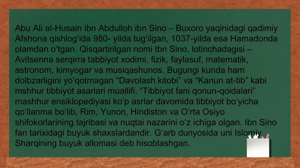g'laydigan, undagi yaxshi - yu yomon bo'lgan insoniylikni ochib beruvchi harakter. axloq bolaning yoshiga qarab, uning tarbiyasi va tarbiyachisiga qarab, vaqt va zamonga qarab shakllanib boradi. bilim va ko'nikmalari keyinchalik amaliyoti va malakasi kuchli bo'lgan insonda axloq tushunchasi ham yetarlicha shakllanadi. va shu me'zonga loyiq bola boshlaydi. ibn sino bola tarbiyasida u bilan yakka holda suhbatda bo'lishbusulini tavsiya etadi. suhbat chog'ida xalqning hikmatli so'zlaridan, ertaklaridan misollar aytib mazmunli, axloq-odoblilik ma'nosini tushuntirmoqeng ma'qul usul. bola aytilgan gaplarni e'tibor bilan tinglab, suhbatdan mamnunligi sezilganda uning faoliyatidagi yaxshi ishlar maqtovga sazovor ekanligi, kamchiliklarni tuzatmog'i kerakchili va rag'batlantirilmog'i kerak deydi. uning nasriy asarlari arab tilida yozilgan. «yusuf qissasi» qur’on syujeti asosida yozilgan birinchi asar bo‘lib, ramziy-majoziy usuldadir. «rasolat – at tayr» («qush risolasi»), «uyg‘oq o‘g‘li tirik» («hayy ibn yaqzon») kabi asarlari ham ramziy-majoziy uslubda, «salomon va ibsol» esa ishqiy-sarguzasht asardir. ibn sino shoir sifatida doston, qasida, g‘azal, ruboiy, fardlar yaratgan. asarlari: «kitob ash-shifo», «donishnoma», …