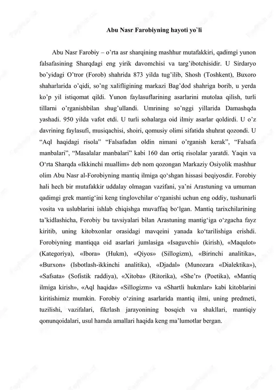 zilishi, vazifalari, fikrlash jarayonining bosqich va shakllari, mantiqiy qonunqoidalari, usul hamda amallari haqida keng ma’lumotlar bergan. jumladan, mantiq fanining predmeti va tushunchasining etimologiyasi haqida gap ketganda, forobiy qadimgi grek mutafakkirlariga murojaat qiladi. uning fikricha, greklar mantiqni uch ma’noda: – fikrni til orqali ifodalovchi inson nutqi sifatida; – inson intellekti yordamida zabt etiluvchi obyektlarga yo‘l ko‘rsatuvchi so‘z sifatida; – olamni bilish uchun insonga in’om etilgan ichki ruhiy kuch sifatida tushunishgan. mazkur ta’riflarni to‘ldirgan holda, forobiy mantiqqa «muayyan qonun-qoidalar asosida insonning fikrlash intellektini yo‘naltiruvchi va takomillashtiruvchi fan» deb ta’rif beradi. ushbu ta’rifni yanada aniqlashtirsak, forobiy asarlarida mantiq fanlarning fani sifatida tafakkurning qonun-qoidalarini o‘rganuvchi bosh fan, hatto san’at deb baholanadi. faqat tafakkur qonunlarigina bizga chin haqiqatni ochib bera oladi. forobiyning ta’kidlashicha, ularsiz fikrimiz qachon chin, qachon yolg‘onligini yoki qachon xatoga yo‘l qo‘yganligimizni bila olmaymiz. qolaversa, haqiqat zaminida yotgan qarama-qarshiliklar va ularning yechimlarini topa olmaymizforobiyning asarlarida tushuncha, hukm va xulosa kabi tafakkur shakllari juda …
