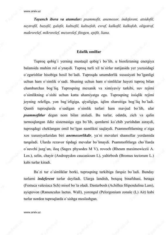 .uz atsidofillar gruppasiga kiruvchi o`simliklarga otquloq (rumex canfertus. willd), g`ozpanja (potentilla reptans l), chernika, bagulnik kabi turlar kirib, ular kislotali tuproqlarda yaxshi o`sadi. oqso`xta, ajriqbosh (phleum pratense l), hilol (cyperus londus l), beda (medicago sativa l.) va sebarganing ba`zi turlari, lavlagi neytral muhitli tuproqlarda yaxshi o`sadi. shuning uchun ham bu gruppa neytrofillar deyiladi. bazofillar ishqoriy tuproqda yaxshi o`sib, bularga qiltiqsiz yaltirbosh (bromus tectorum l), dukkakdoshlarning ba`zi vakillari misol bo`ladi. ma`lum bir gruppa o`simliklar ma`lum bir tuproq sharoitida o`sgani uchun ham ular shu tuproq nomi bilan ataladi. sho`r tuproqli yerlar o`rta osiyoda ko`p bo`lib bu yerlarda qorasho`ra (salicornia herbacea l.), qizilquyonjun (salsola affinis c.a.v.), boyalish (salsola arbuscula pall), oqboyalish (salsola arbusculae formis drob), baliqko`z (salsola arassa m.b.), sho`rbo`ta (salsola dendraides. pall), buyurg`un, nayzaqora (salsola foliosa (l) schrad) va bir yillik o`t va butalar kiradi, bu tur o`simliklarga galofitlar deb ataladi. ularning poya va barglari etli, sersuv bo`ladi. ular sukkulent tur o`simliklardir. …