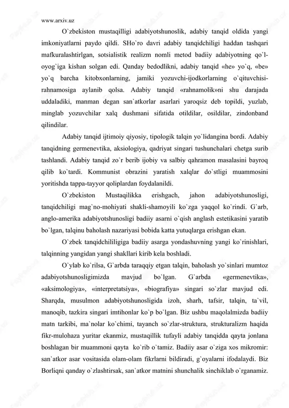 lqin, ta`vil, manoqib, tazkira singari imtihonlar ko`p bo`lgan. biz ushbu maqolalmizda badiiy matn tarkibi, ma`nolar ko`chimi, tayanch so`zlar-struktura, strukturalizm haqida fikr-mulohaza yuritar ekanmiz, mustaqillik tufayli adabiy tanqidda qayta jonlana boshlagan bir muammoni qayta ko`rib o`tamiz. badiiy asar o`ziga xos mikromir: san`atkor asar vositasida olam-olam fikrlarni bildiradi, g`oyalarni ifodalaydi. biz borliqni qanday o`zlashtirsak, san`atkor matnini shunchalik sinchiklab o`rganamiz. www.arxiv.uz haqiqiy matn – tartibli tarkibiy tizim. borliq tuzilishida, inson muchasi, a`zolarining joylashishida izchil tarkib, tartib bo`lganiday, badiiy asar matnida ham tartibli tarkib mavjud. aniqroq aytsak, badiiy asar – betakror struktura, tartibli tarkibiy tizim. bu tizimni uqish, o`zlashtirish yo`rig`i, yo`sini, qoidasi strukturalizmdir. strukturalizm maqsadi adabiy matnning semiologiyasi – ma`nolar ko`p yo`nalishi, ko`p qatligini anglashdir. strukturalizm maqsad-mohiyatini yuzaga chiqarishda asardagi muhim ma`no nuqtalarini belgilab olish jiddiy ahamiyat kasb etadi. sinchkov nazar strukturalizm matnni turli alfozda tahlil qilish ekanligini payqab yetadi. boshqacha aytganda, strukturalizm va germenevtika, strukturalizm va aksiologiya uncha ham bir-biridan yiroq tushunchalar emas. …