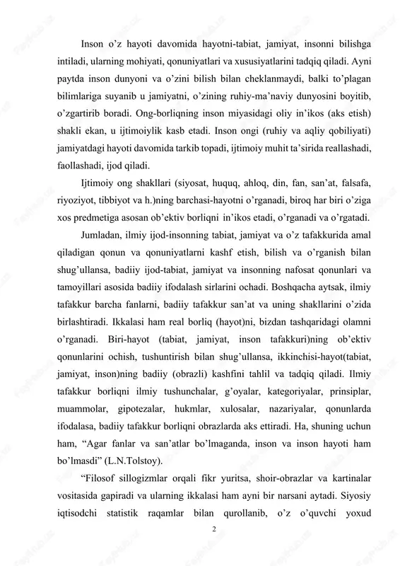 sillogizmlar orqali fikr yuritsa, shoir-obrazlar va kartinalar vositasida gapiradi va ularning ikkalasi ham ayni bir narsani aytadi. siyosiy iqtisodchi statistik raqamlar bilan qurollanib, o’z o’quvchi yoxud 3 tinglovchilarining zehniga ta’sir etib, jamiyatdagi falon sinfning ahvoli falon- falon sabablarga ko’ra ko’p yaxshilangani yoxud ko’p yomonlashganini isbotlaydi. shoir voqyelikning jonli va yorqin tasviri bilan qurollanib, o’z o’quvchilarining fantaziyasiga ta’sir etib jamiyatdagi falon sinfning ahvoli falon-falon sabablarga binoan haqiqatdan ham ko’p yaxshilangani yoxud yomonlashganini haqiqiy kartinalarda ko’rsatadi. biri isbotlaydi, ikkinchisi ko’rsatadi-ikkalasi ham ishontiradi, bunga faqat ularnnng biri mantiqli asoslash, boshqasi kartinalarda namoyon etish bilan erishadi” (v.belinskiy; ta’kidlar bizniki-h.u). yuqoridagi “humoyunnoma” (gulbadan begim) asaridan keltirilgan parchaga e’tibor qilsangiz, unda mantiqiy fikrlash, mushohada, xabar ustunlik qiladi; hamma so’zlar aniqlik, ob’ektivlik, “quruq qayd” etishga bo’ysindiriladi va haqiqatan bo’lgan voqea haqida tushuncha beradi. “yulduzli tunlar” romanidan keltirilgan lavha esa bobur, mohim begim, shayxulislom (ko’hinur olmosi ham) jonli gavdalanadi, ularning o’zaro muloqotlaridan har birining qalbidagi tuyg’u va hislarni …