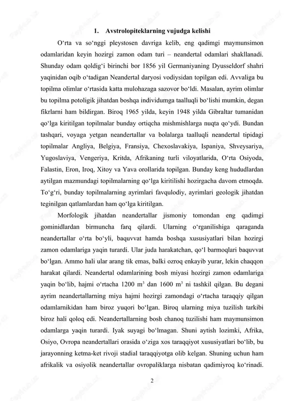 harakat qilardi. neandertal odamlarining bosh miyasi hozirgi zamon odamlariga yaqin bo‘lib, hajmi o‘rtacha 1200 m3 dan 1600 m3 ni tashkil qilgan. bu degani ayrim neandertallarning miya hajmi hozirgi zamondagi o‘rtacha taraqqiy qilgan odamlarnikidan ham biroz yuqori bo‘lgan. biroq ularning miya tuzilish tarkibi biroz hali qoloq edi. neandertallarning bosh chanoq tuzilishi ham maymunsimon odamlarga yaqin turardi. iyak suyagi bo‘lmagan. shuni aytish lozimki, afrika, osiyo, ovropa neandertallari orasida o‘ziga xos taraqqiyot xususiyatlari bo‘lib, bu jarayonning ketma-ket rivoji stadial taraqqiyotga olib kelgan. shuning uchun ham afrikalik va osiyolik neandertallar ovropaliklarga nisbatan qadimiyroq ko‘rinadi. 2 ammo bu topilmalarning geologik jihatdan yoshi ovropa topilmalariga qaraganda ancha yosh. shunday qilib, janubiy o‘lkalarda yashagan neandertallar, shimolliklarga qaraganda ayrim xususiyatlari bilan farq qilgan. neandertallar davri tarixini o‘rganishda falastinaning mugaret es-sxul g‘oridan 1932 yilda qo‘lga kiritilgan topilma muhim ahamiyatga ega bo‘ldi. g‘ordan morfologik jihatdan o‘ziga xos bir necha jasadlar topilgan. bu topilmalar o‘z inventarlari bilan boshqa topilgan neandertallarga xos …