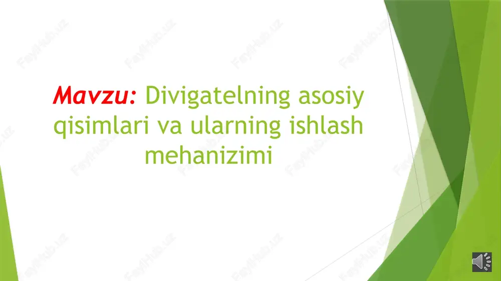 ktorli ) va uni kerakli miqdorda silindirga uzatish hamda ulardan ishlatilgan gazlarni chiqarish uchun xizmat qiladi. yonilgi aralashmani tayorlash turiga qarab benzinli ichki yonuv diviigatellari quydagi turtlarga bolinadi: karburatorli injektorli krbuyatorli divigatellarning taminlash tizimi ishlash tamoyili quydagicha benzin yyonilgi bakidan naycha orqali filtirga otib undan yonilgi nasozi yordamida karbyuatorga yuboriladi . havo tashqi muhitdan havo filtiri orqali karbuyatorga sorib olinadi. katbyuatorda tozitilgan va qisman buglangan yonilgi havo bilan qoshiilib, yonuuvchi aralashmani hosil qiladi . song yonuvchi aralashma kiritish quvuri orqali silindirlarga soriladi, ishlatilgan gazlar esa chiqarish quvuri va oraliq quvur orqali sondirgichga kirib undan keyin tashqi muhitga chiqariladi. bunda yonuvchi aralashma (benzin va havo) silindir tashqarisida tayorlanadi. yonuvchi aralashmani bunday tayyorlash karbyuratsiyalash uni ttayorlovchi asbbob karbyurator deyiladi. divigatellarning ishlash mehanizimi ichki yonuv divigatelining asosiy tizimlari va ularning funksiyalari 1. yonilg‘i tizimi (yoqilg‘i tizimi) funksiyasi: dvigatelga kerakli miqdorda va bosimda yonilg‘ini yetkazib berish. asosiy qismlari: •yonilg‘i baki •yonilg‘i nasosi •yonilg‘i filtri …
