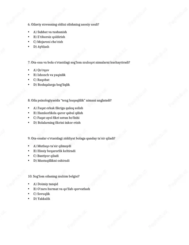 oila psixologiyasi fanidan testlar - Page 2