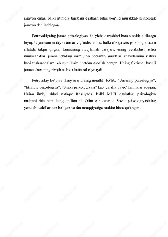 lab ilmiy asarlarning muallifi bo‘lib, “umumiy psixologiya”, “ijtimoiy psixologiya”, “shaxs psixologiyasi” kabi darslik va qo‘llanmalar yozgan. uning ilmiy ishlari nafaqat rossiyada, balki mdh davlatlari psixologiya maktablarida ham keng qo‘llanadi. olim o‘z davrida sovet psixologiyasining yetakchi vakillaridan bo‘lgan va fan taraqqiyotiga muhim hissa qo‘shgan.. p.v. ivanov p.v. ivanov — rus psixologi bo‘lib, u pedagogik psixologiya va ta’lim jarayonining psixologik qonuniyatlarini o‘rgangan olimlardan biridir. uning ilmiy ishlari asosan o‘quvchilarni o‘qitish jarayonida yuz beradigan psixologik jarayonlar, bilish faoliyati, diqqat, xotira, tafakkur va o‘quv motivatsiyasining shakllanishiga bag‘ishlangan. ivanov ta’lim jarayonining samaradorligi o‘quvchining psixologik xususiyatlariga bog‘liq ekanini ta’kidlagan. uningcha, o‘quvchi bilimni faol qabul qilishi, o‘qituvchining tushuntirish usuli esa psixologik talablar asosida bo‘lishi kerak. u o‘qituvchi va o‘quvchi o‘rtasidagi psixologik muloqot, o‘quv vazifalarining mazmuni va murakkabligi, o‘quvchilarning yoshi va individual xususiyatlarining ta’limdagi rolini izohlagan. ivanov shuningdek bilish jarayonlarining o‘sishi mashq qilish va takrorlash orqali rivojlanishini, o‘quv jarayoni esa shaxsning aqliy rivojlanishiga bevosita ta’sir qilishini ilmiy jihatdan …