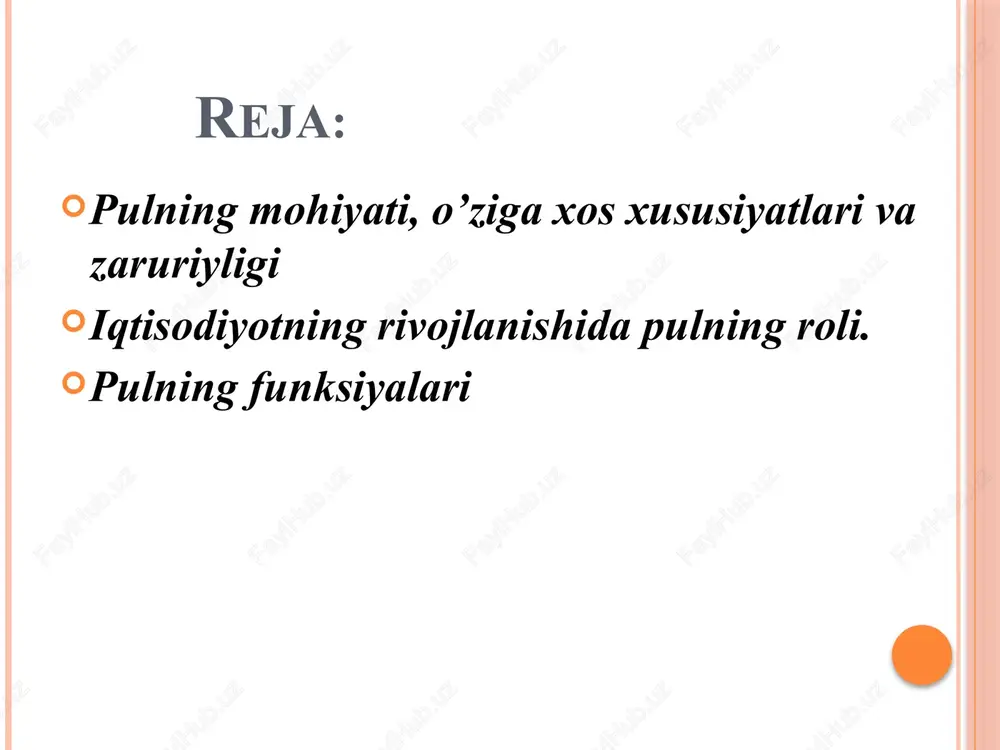 lar va xizmatlarning ishlab chiqarishdan boshlab iste’molchigacha bo’lgan jarayon pul vositasida amalga oshadi. bozor iqtisodiyotiga o’tish sharoitida pul ahamiyatining ortib borishi jamiyatimizda mavjud huquqiy va jismoniy shaxslar faoliyati va uning natijasi – daromadi pul bilan bog’liq. bozor iqtisodiyoti sharoitida pul muomilasini uyushtirish, tovarlarni ayirboshlash, pullarni saqlash va taqsimlash, bo’sh pulni qarzga berish, korxonalar o’rtasidagi iqtisodiy aloqalar yanada kuchayib, murakkablashib boradi. pul shaklidagi mablag’lar bozor orqali resursga aylanadi va ular ishtirokida tovarlar yaratiladi, tovarlar sotilib yana pulga aylanadi. bozor iqtisodiyoti sharoitida nafaqat pul, balki uning ekvivalentlaridan – aksiya, obligasiya kabi qimmatli qog’ozlar va boshqalardan keng foydalaniladi. bozor iqtisodiyoti sharoitida ilgari pulga aylantirilmagan ayrim vositalar ham endi pulda o’z aksini topadi (yer va boshkalar). umuman bozor iqtisodiyoti sharoitida korxonalar moliyasini tashkil etish, pulni aylanishi, umuman xo’jaliklar faoliyatini tashkil etilishi yangi pul munosabatlari asosida tashkil etiladi. yuqoridagilardan kelib chiqib bozor iqtisodiyoti sharoitida pul iqtisodiy quvvat, iqtisodiyotning o’ziga xos tashrif qog’ozi bo’lib xizmat qiladi …