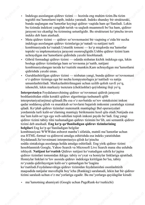 yoga taqsimlangan munozaralar mediumi (vositasi) hisoblanadigan usenetdan maʼlumot qidiradi  intranet qidiruv tizimi — alohida tashkilotning ichki tarmogʻidagi kompyuterlardan maʼlumot qidiradi  desktop qidiruv tizimi — alohida kompyuterning maʼlumotlar bazasidan maʼlumot qidiradigan dastur. amalga oshirish usuli https://uz.wikipedia.org/w/index.php?title=webcrawler&action=edit&redlink=1 https://uz.wikipedia.org/wiki/ingliz_tili https://uz.wikipedia.org/wiki/ma%ca%bclumotlar_bazasi https://uz.wikipedia.org/wiki/ma%ca%bclumotlar_bazasi https://uz.wikipedia.org/w/index.php?title=information_retrieval_system&action=edit&redlink=1 https://uz.wikipedia.org/wiki/world_wide_web https://uz.wikipedia.org/wiki/kompyuter_tarmog%ca%bbi https://uz.wikipedia.org/wiki/kompyuter_tarmog%ca%bbi https://uz.wikipedia.org/wiki/kompyuter  indeksga asoslangan qidiruv tizimi — hozirda eng muhim tizim.bu tizim tegishli maʼlumotlarni topib, indeks yaratadi. indeks shunday bir strukturaki, bunda saqlangan maʼlumotlar keyingi qidiruv vaqtida ham qoʻllaniladi. lekin bu tizimda indeksni yangilab turish va saqlash muammoli boʻlsa ham, qidiruv jarayoni tez ekanligi bu tizimning ustunligidir. bu strukturani koʻpincha invers indeks deb ham atashadi.  meta qidiruv tizimi — qidiruv soʻrovnomasini bir vaqtning oʻzida bir necha indeksga asoslangan qidiruv tizimlariga joʻnatadi va natijani turli kombinasiyada koʻrsatadi.ustunlik tomoni — koʻp miqdorda maʼlumotlar topishi va implementasiya jarayoni osonroqligidir.ushbu qidiruv tizimi kam uchraydigan maʼlumotlarni qidirshda yaxshi hisoblanadi.  gibrid formadagi qidiruv tizimi — odatda nisbatan kichik indeksga ega, …