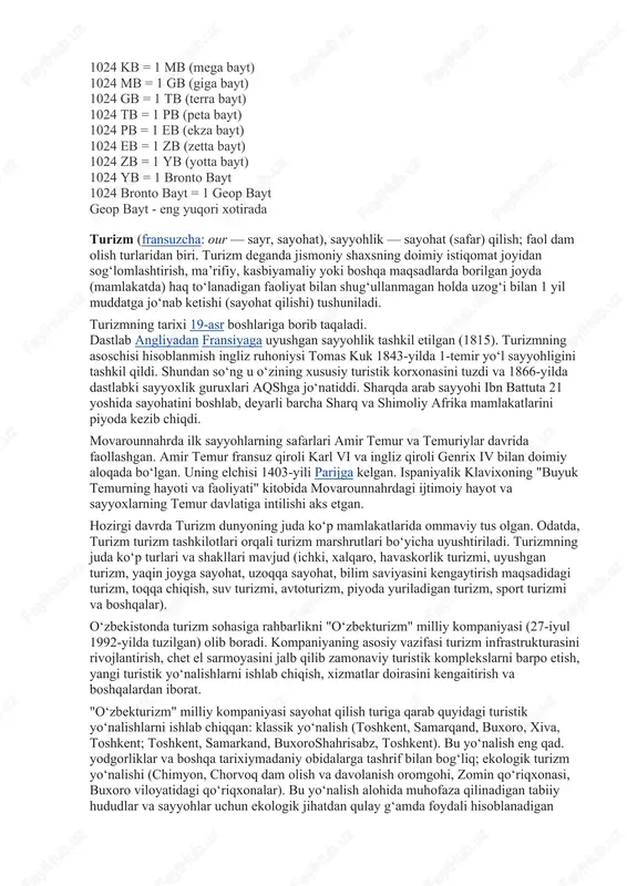 ab ketishi (sayohat qilishi) tushuniladi. turizmning tarixi 19-asr boshlariga borib taqaladi. dastlab angliyadan fransiyaga uyushgan sayyohlik tashkil etilgan (1815). turizmning asoschisi hisoblanmish ingliz ruhoniysi tomas kuk 1843-yilda 1-temir yoʻl sayyohligini tashkil qildi. shundan soʻng u oʻzining xususiy turistik korxonasini tuzdi va 1866-yilda dastlabki sayyoxlik guruxlari aqshga joʻnatiddi. sharqda arab sayyohi ibn battuta 21 yoshida sayohatini boshlab, deyarli barcha sharq va shimoliy afrika mamlakatlarini piyoda kezib chiqdi. movarounnahrda ilk sayyohlarning safarlari amir temur va temuriylar davrida faollashgan. amir temur fransuz qiroli karl vi va ingliz qiroli genrix iv bilan doimiy aloqada boʻlgan. uning elchisi 1403-yili parijga kelgan. ispaniyalik klavixoning "buyuk temurning hayoti va faoliyati" kitobida movarounnahrdagi ijtimoiy hayot va sayyoxlarning temur davlatiga intilishi aks etgan. hozirgi davrda turizm dunyoning juda koʻp mamlakatlarida ommaviy tus olgan. odatda, turizm turizm tashkilotlari orqali turizm marshrutlari boʻyicha uyushtiriladi. turizmning juda koʻp turlari va shakllari mavjud (ichki, xalqaro, havaskorlik turizmi, uyushgan turizm, yaqin joyga sayohat, uzoqqa …