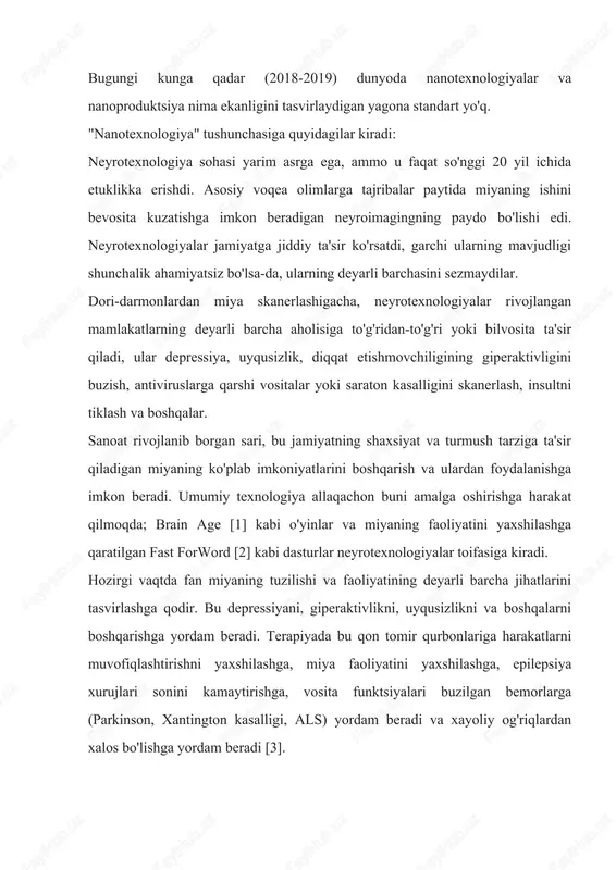 xnologiyaning rivojlanishi nevrologik muammolari bo'lgan bemorlarni reabilitatsiya qilish uchun ko'plab yangi usullarni va'da qilmoqda. neyrotexnologik inqilob 2007 yilda boshlangan "fikrlash o'n yilligi" tashabbusini amalga oshirdi [4]. bundan tashqari, miyada aql va ongning paydo bo'lishi mexanizmlarini aniqlashga imkon beradi. zamonaviy texnologiyalar vizualizatsiya magnit-rezonans tomografiya (mri) miyaning topologik va signal tuzilmalarini skanerlash, shuningdek miya faoliyatini vizual tekshirish uchun ishlatiladi. mrgdan foydalanish nevrologiyada juda katta oqibatlarga olib keladi. bu, ayniqsa funktsional mri (fmri) paydo bo'lganidan keyin fikrlashni o'rganishda muhim ahamiyatga ega [5]. funktsional mri miya mintaqalari faollashuvining kislorod miqdorining oshishiga bog'liqligini o'lchaydi. texnologiya miyaning turli sohalari va sohalari o'rtasida assotsiativ ulanishlar xaritasini yaratishga imkon beradi, shu jumladan yangi joylar va maydonlarni aniqlaydi. fmri tufayli bemorlar real vaqtda miyalarining stimulga qanday javob berishini ko'rishlari mumkin va shu bilan vizual mulohazalarni olishadi. kompyuter tomografiyasi (kt) 1970 yildan beri ishlatiladigan yana bir miyani skanerlash texnologiyasidir. akademik muhitda kompyuter tomografiyasining ko'plab funktsiyalari hozirda mrgga o'tmoqda, ammo avvalgisi …